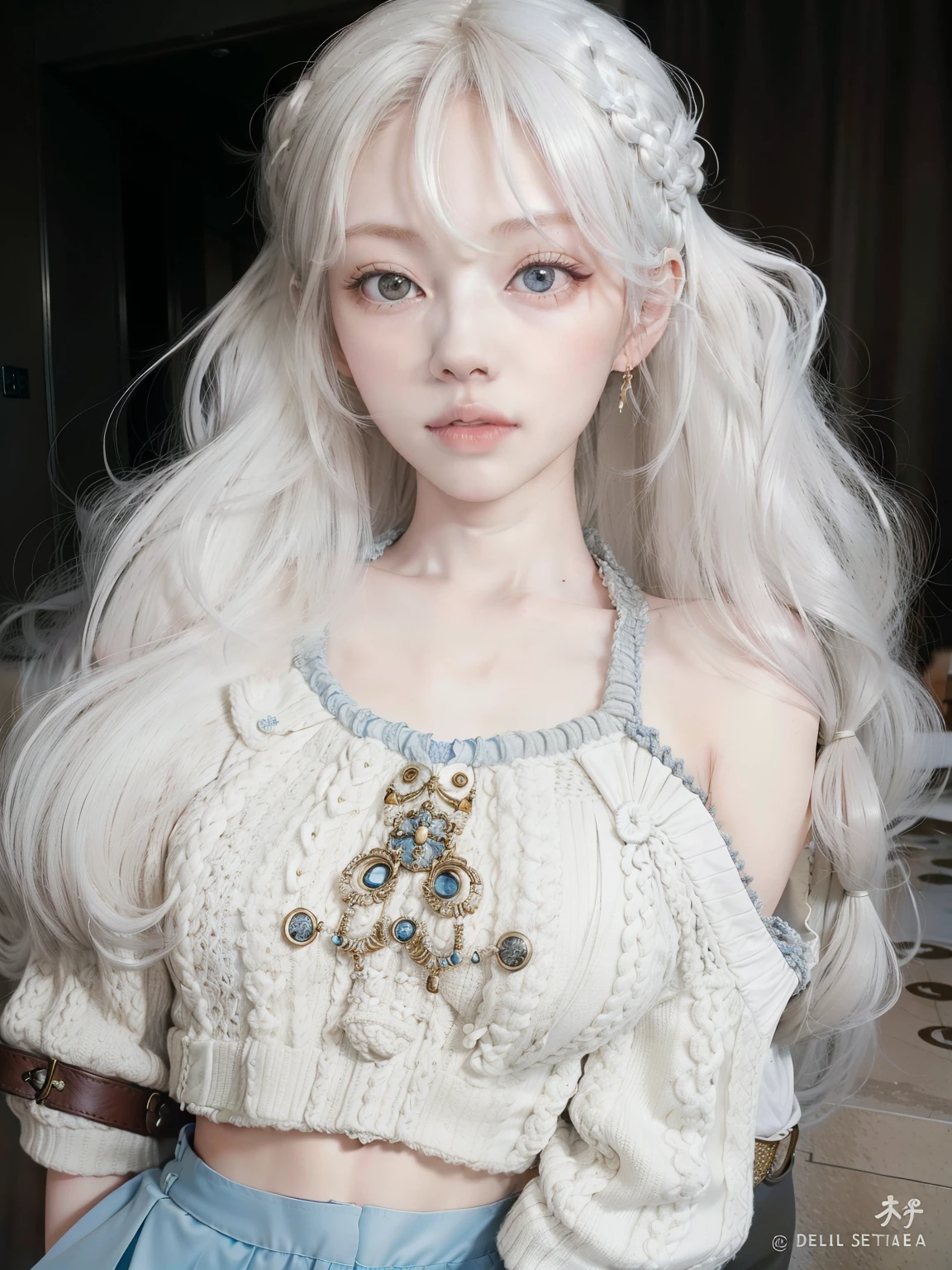 a closeup of a person with long hair and wearing a sweater, dulce conejita ultrarrealista, pelo largo y blanco y flequillo, peinado de corte hime blanco, con el pelo largo y blanco, ulzzang, chica perfecta de pelo blanco, bella delfina, con pelo largo y blanco, pelo rubio con coletas, su cabello es blanco, pale milky white porcelain skin, pale porcelain white skin