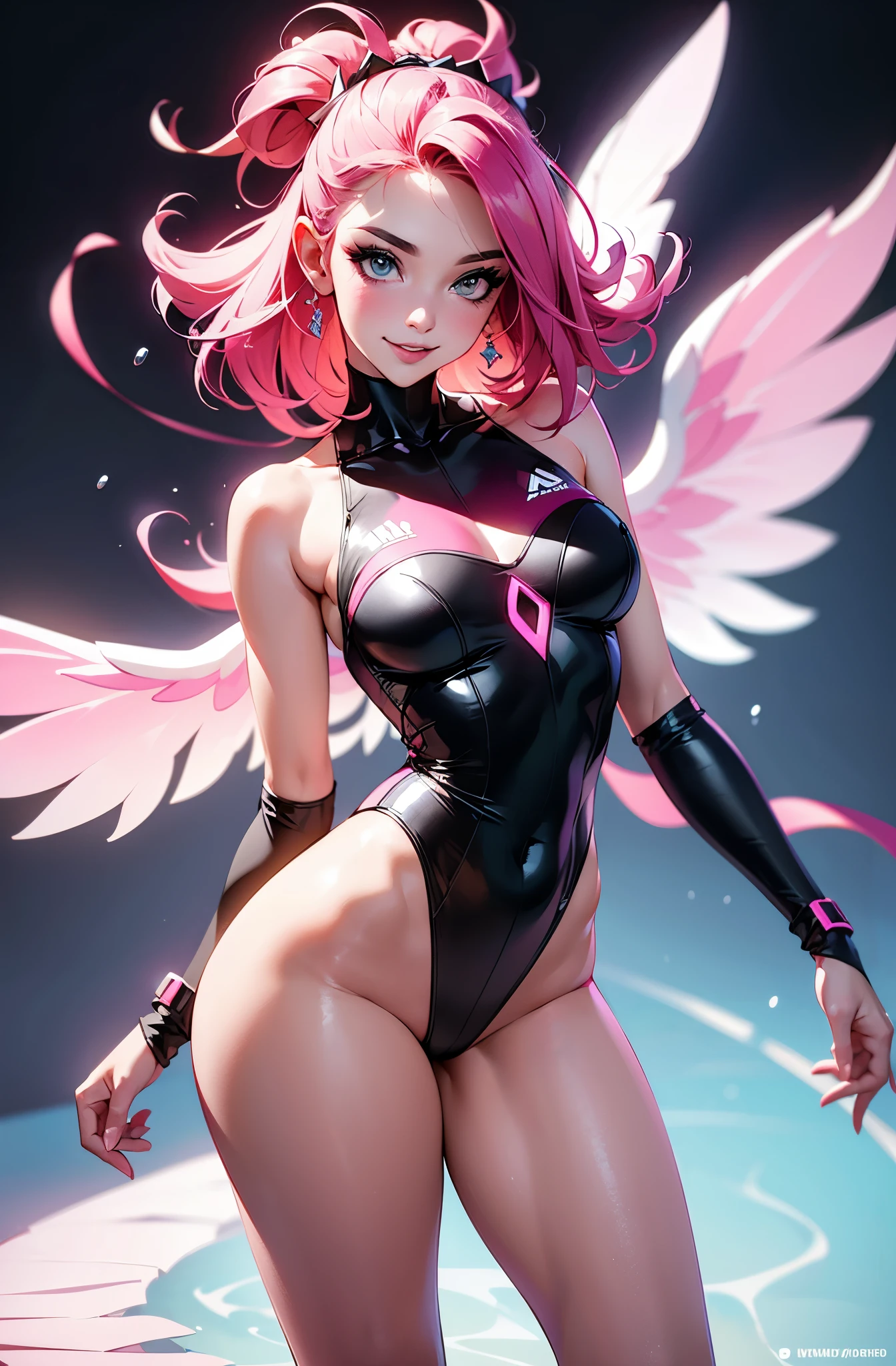 close up portrait of beautiful raspberry pink guardian, stunning floral wings, pretty body, pretty legs, perfect face, Ink, splash art, amazing beauty, wicked smile, brilliant lighting