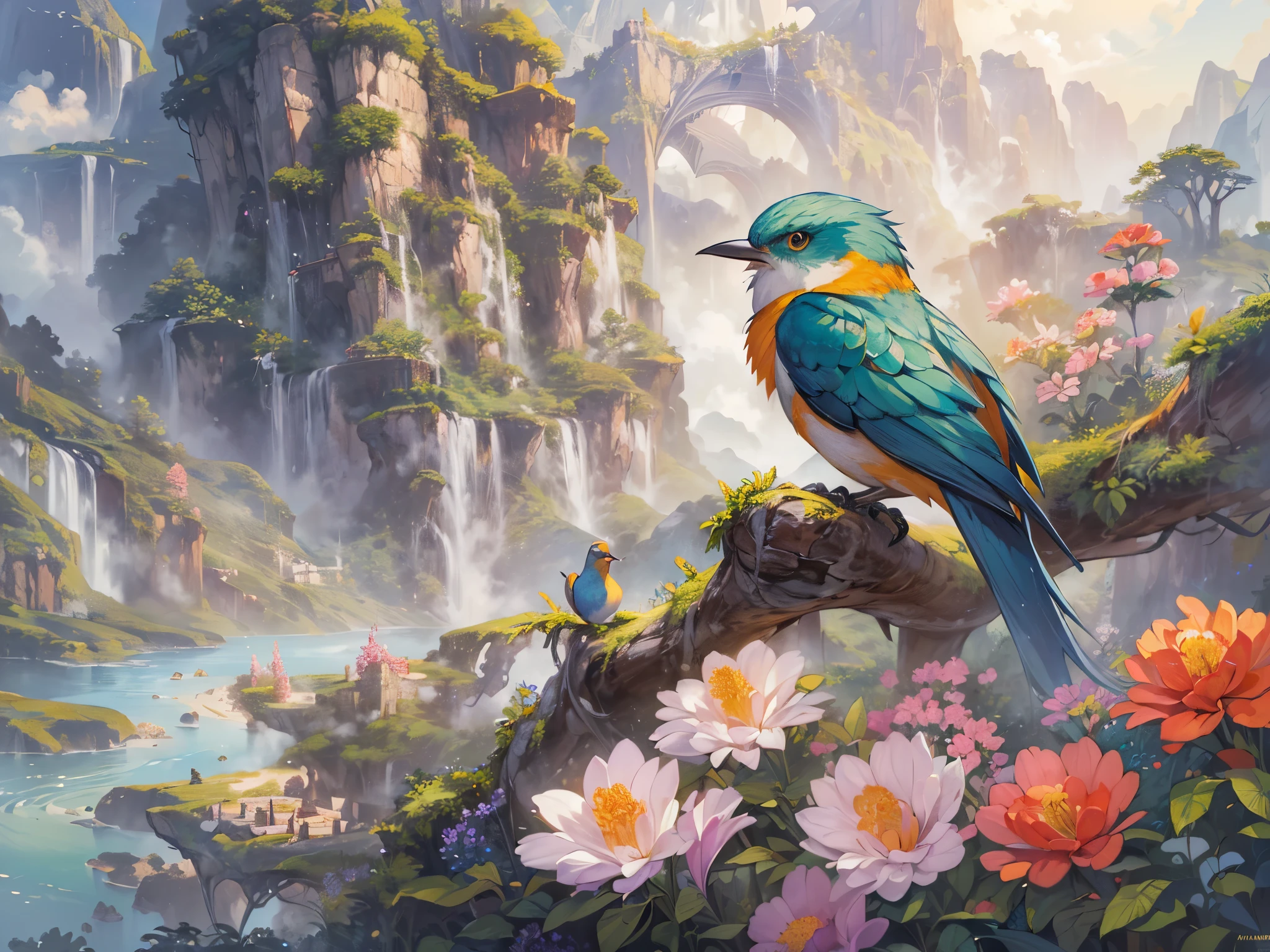 ((highest quality)),(ultra high resolution),(Super detailed),(detailed description),((best CG)),(best work of art),super precision art,amazing drawing art,(Fantasy art with precise details:1.5), A paradise where a wide variety of flowers bloom,distant mountain々praises the deep green,birds chirping,Animals cuddling