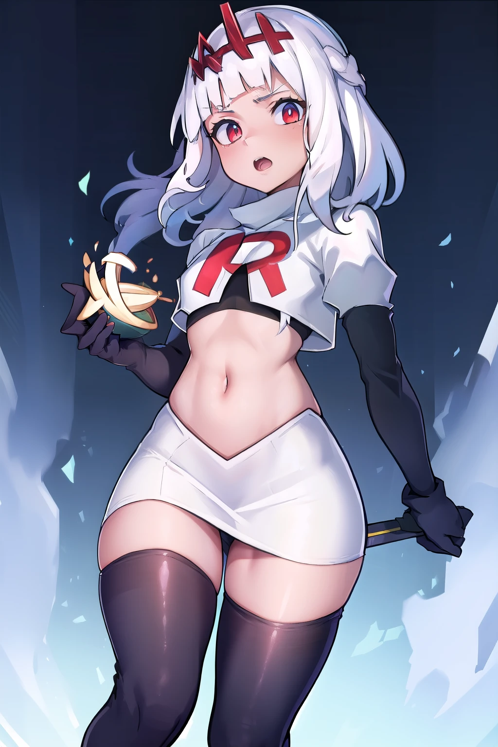 absurdres, 1girl, small breast, white hair, team rocket,team rocket uniform, red letter R, white skirt,white crop top,black thigh-highs,black elbow gloves
 