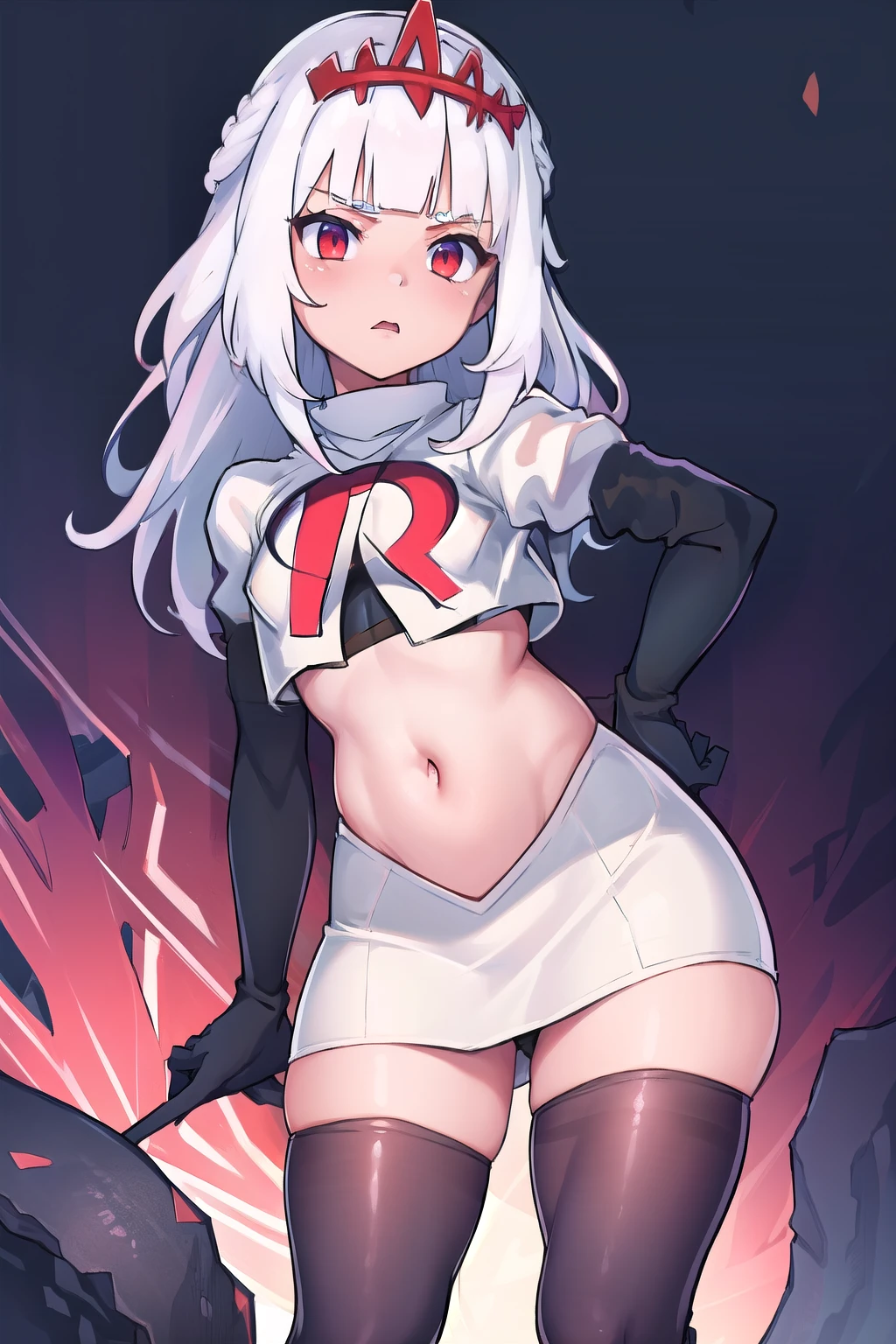 absurdres, 1girl, small breast, white hair, team rocket,team rocket uniform, red letter R, white skirt,white crop top,black thigh-highs,black elbow gloves
 