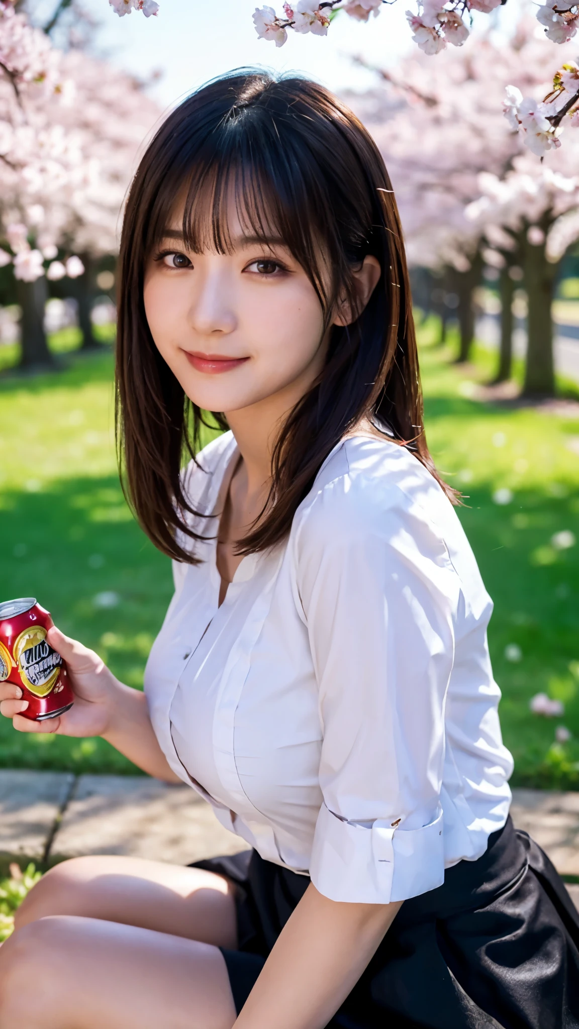 (highest quality,masterpiece:1.3,ultra high resolution),(Super detailed,caustics,8k),(photorealistic:1.4,RAW shooting),1 girl,sitting on the grass,(Holding a can of beer in hand),(smile),(blush),(Moist eyes),stare at the camera,25 years old,cute,Japanese,natural brown medium hair,(white blouse),black skirt,glamorous,(big boobs),(breast focus),(boobs close up),darkness,Cherry blossom trees,Illuminated night cherry blossoms,professional writing,(shot from the waist up),(low position),(Low - Angle)