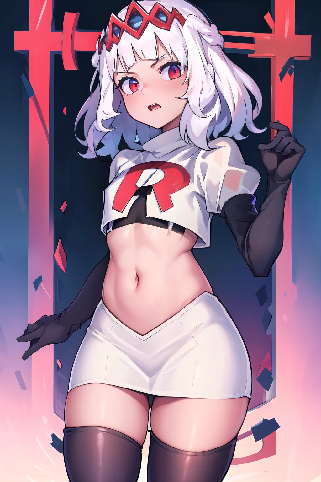 absurdres, 1girl, small breast, white hair, team rocket,team rocket uniform, red letter R, white skirt,white crop top,black thigh-highs,black elbow gloves
 