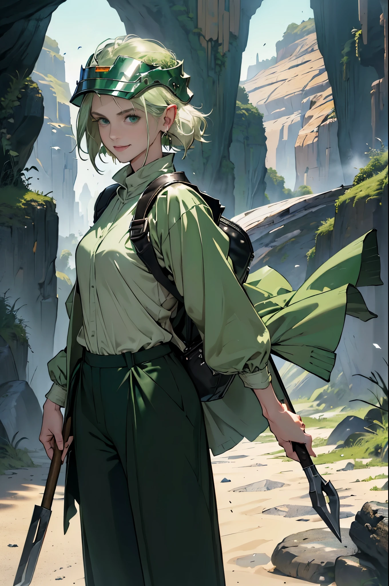 (((((girl))))), masterpiece, ultra detailed, 8K Portrait, Raw photo, woman's portrait photography, full body, Highly detailed smile face, ((Fantasy)), (((hobbit))), ((Adult)), 45 years old, 110cm, (((cave explorer))), ((white skin)), greenish blond twin tail hair, (wearing a helmet), (((dark green silk long cloak))) Fluttering in the wind, (((explorer safari jacket))), leather grooves, (((culotte harf pants))), (((large back pack))), (((equip a pickaxe))), Midday sun, Hyper realistic, Slender body, by the foggy castle, Ambient lighting, Shadow details , Camera focus on face, strong breeze, Light fog