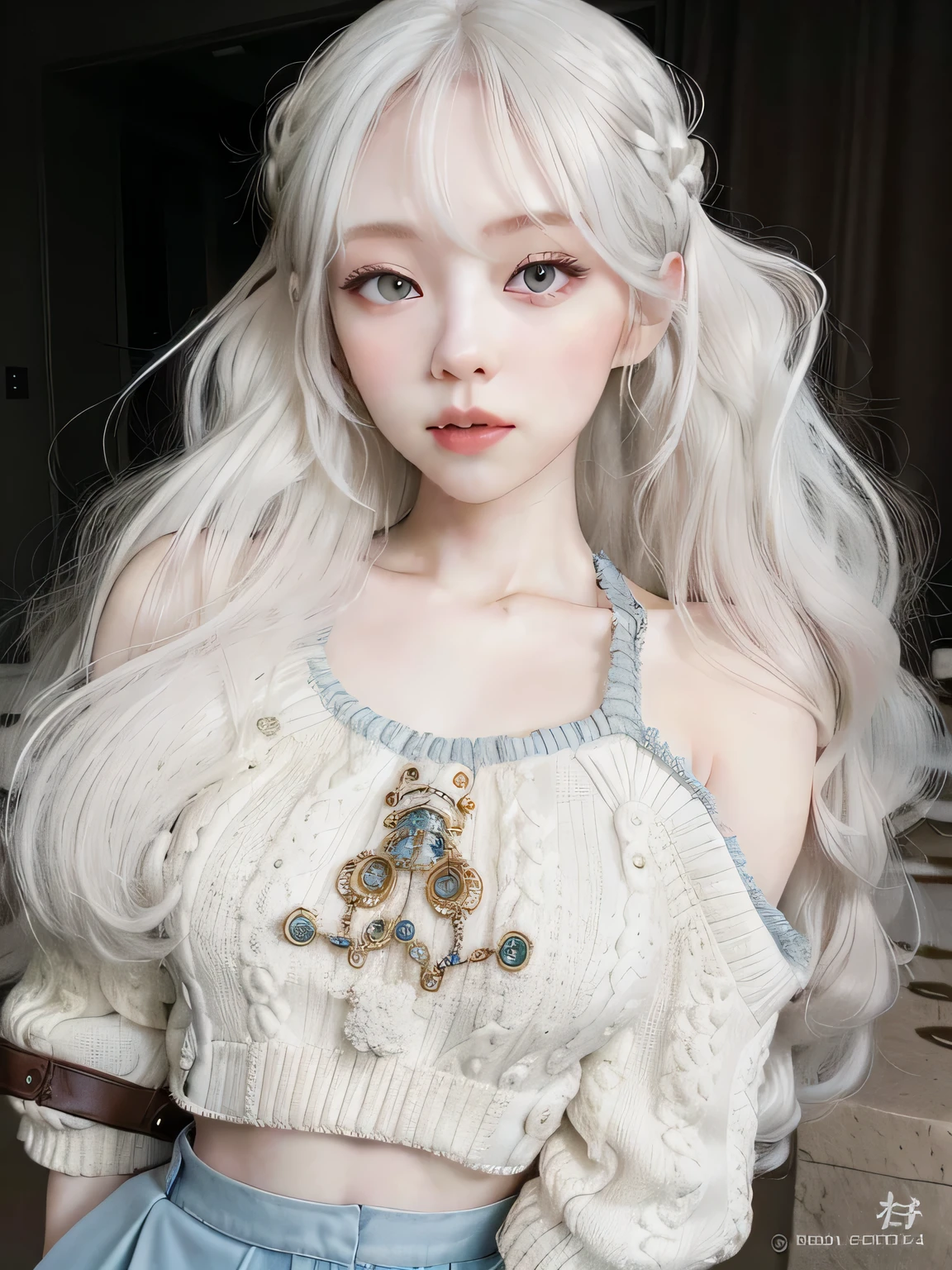 a closeup of a person with long hair and wearing a sweater, dulce conejita ultrarrealista, pelo largo y blanco y flequillo, peinado de corte hime blanco, con el pelo largo y blanco, ulzzang, chica perfecta de pelo blanco, bella delfina, con pelo largo y blanco, pelo rubio con coletas, su cabello es blanco, pale milky white porcelain skin, pale porcelain white skin