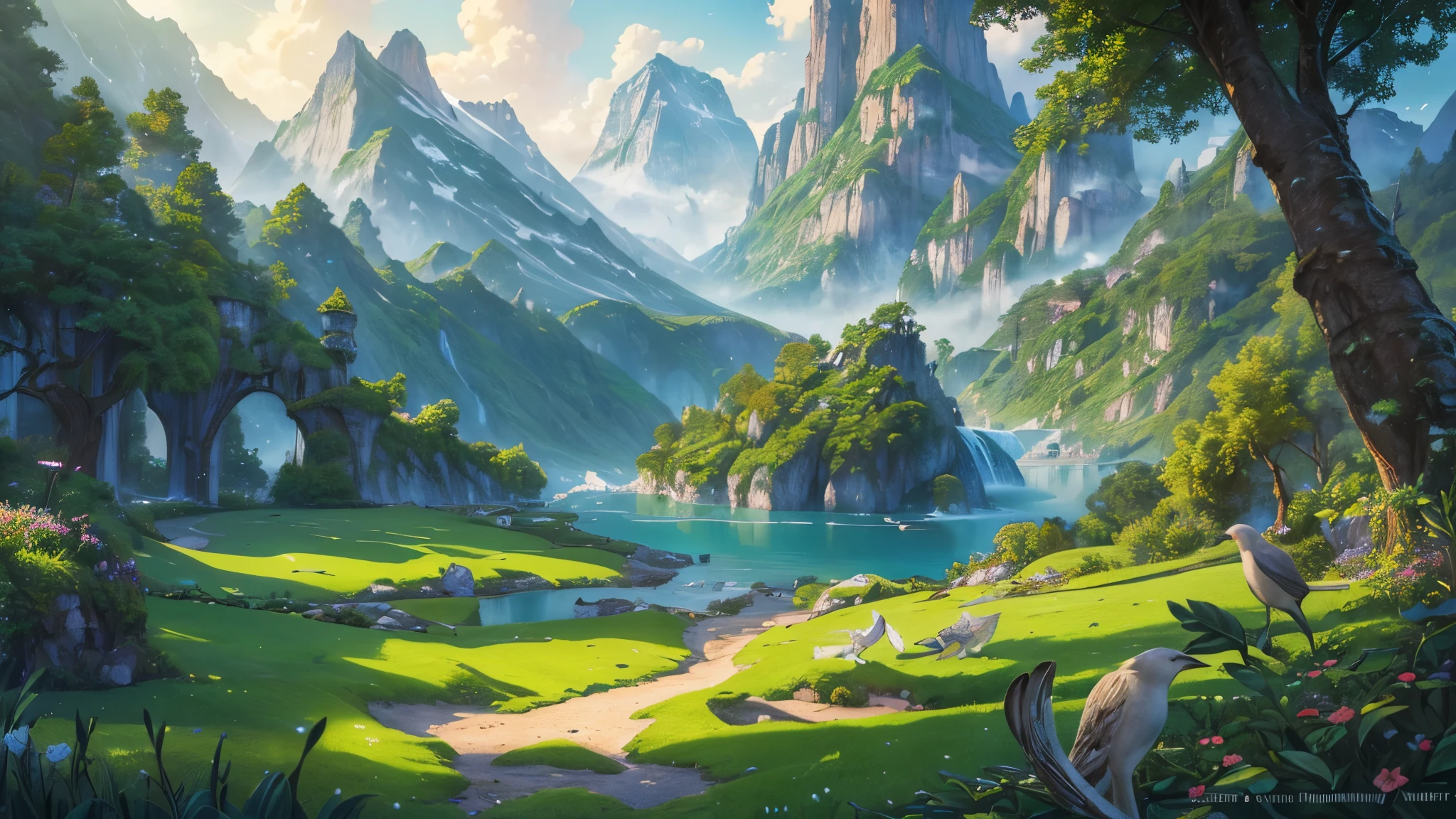 ((highest quality)),(ultra high resolution),(Super detailed),(detailed description),((best CG)),(best work of art),super precision art,amazing drawing art,(Fantasy art with precise details:1.5), A paradise where a wide variety of flowers bloom,distant mountain々praises the deep green,birds chirping,Animals cuddling