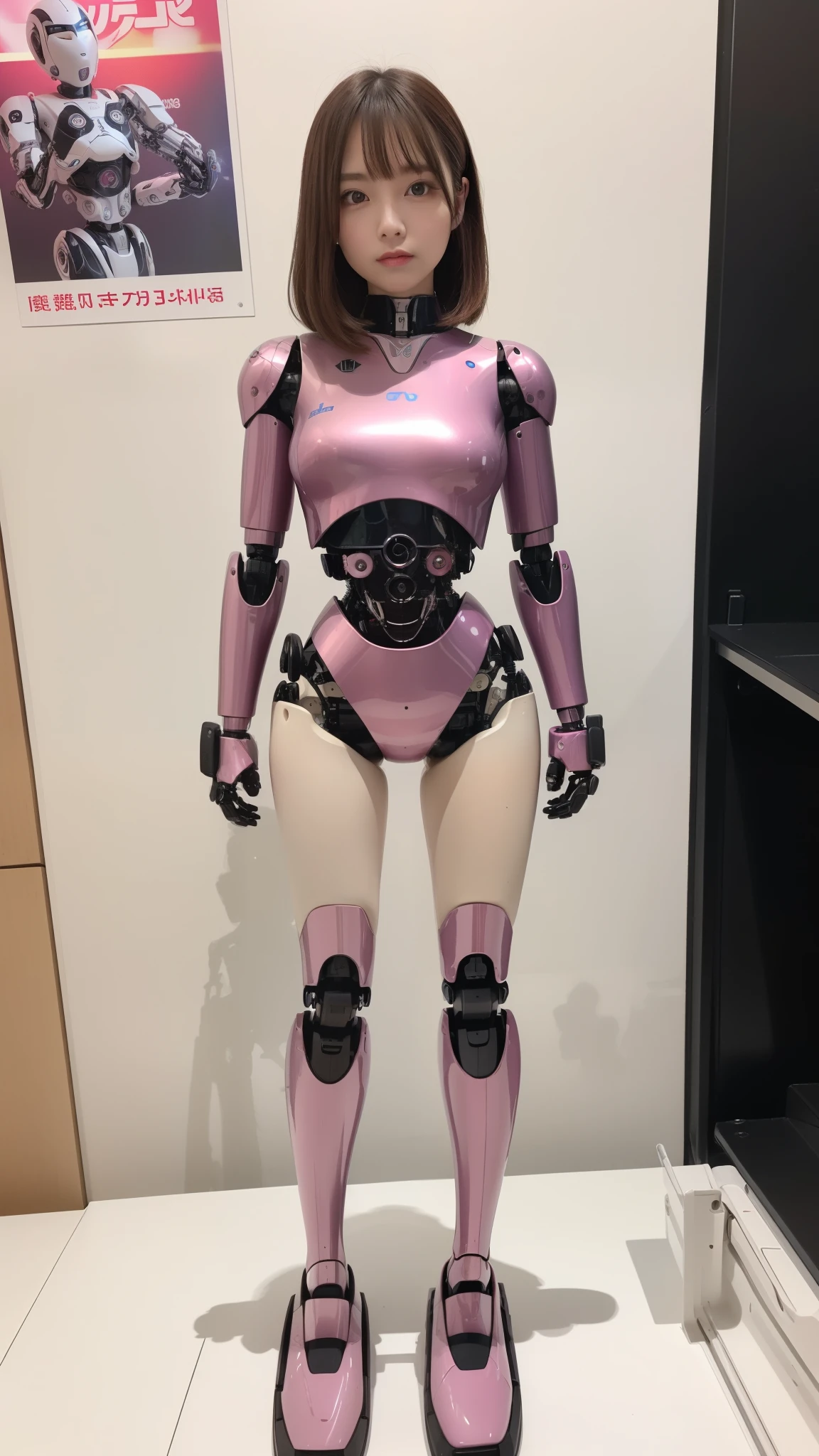 (Photorealsitic:1.4)、one robot woman、(top-quality)、(hyperdetailed face)、(Super well-formed face)、(Robot Parts)、(Female-Robot)、(25 years-old)、(Blue)、(pink there)、(Burgundy)、(metallic)、(full-body)、(sexy pose)、(Slender body)、(Model body type)、(full body mech)、(mechanical exposure)、(Akihabara)、(is looking at the camera)、(A brown-haired)、(Well-proportioned body)、(a small face)、(a small head)、(well-groomed fingers)、(Idol)、(front facing)、(Standing with legs open)、(Photo session)、(Looks sad)、(perfect-female-robot)、(perfect-mechanical-body)