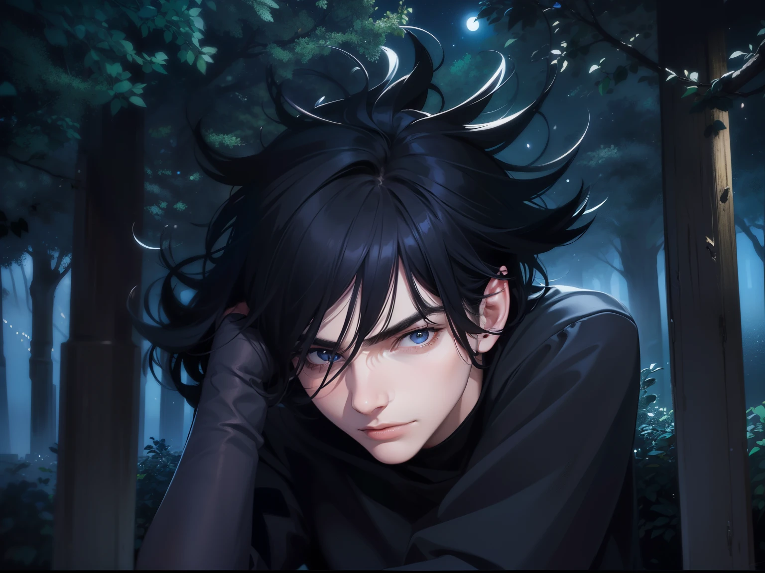 (highest quality,realistic:1.2),masterpiece,A quiet and attractive young man,black clothes,evening, night sky,Lovely,closed mouth,super delicate face,soft smile,black hair,short hair,flowing short bangs,delicate jaw line,Eyes as deep as Joaquin Phoenix's,