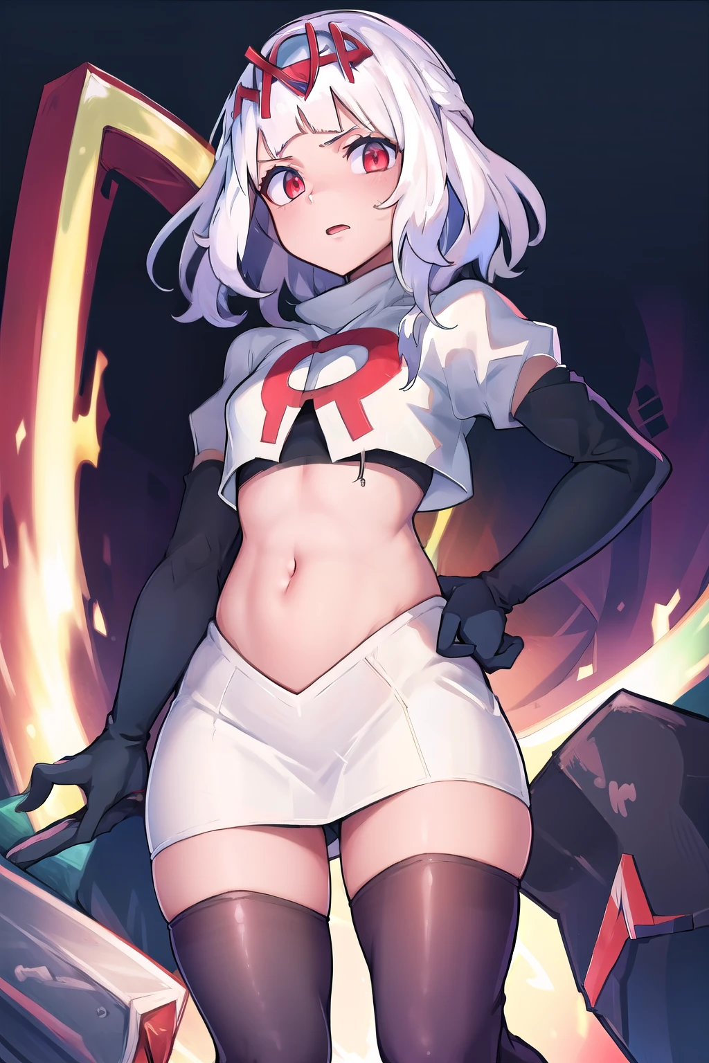 absurdres, 1girl, small breast, white hair, team rocket,team rocket uniform, red letter R, white skirt,white crop top,black thigh-highs,black elbow gloves
 