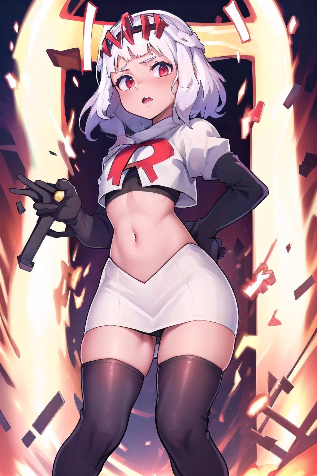 absurdres, 1girl, small breast, white hair, team rocket,team rocket uniform, red letter R, white skirt,white crop top,black thigh-highs,black elbow gloves
 