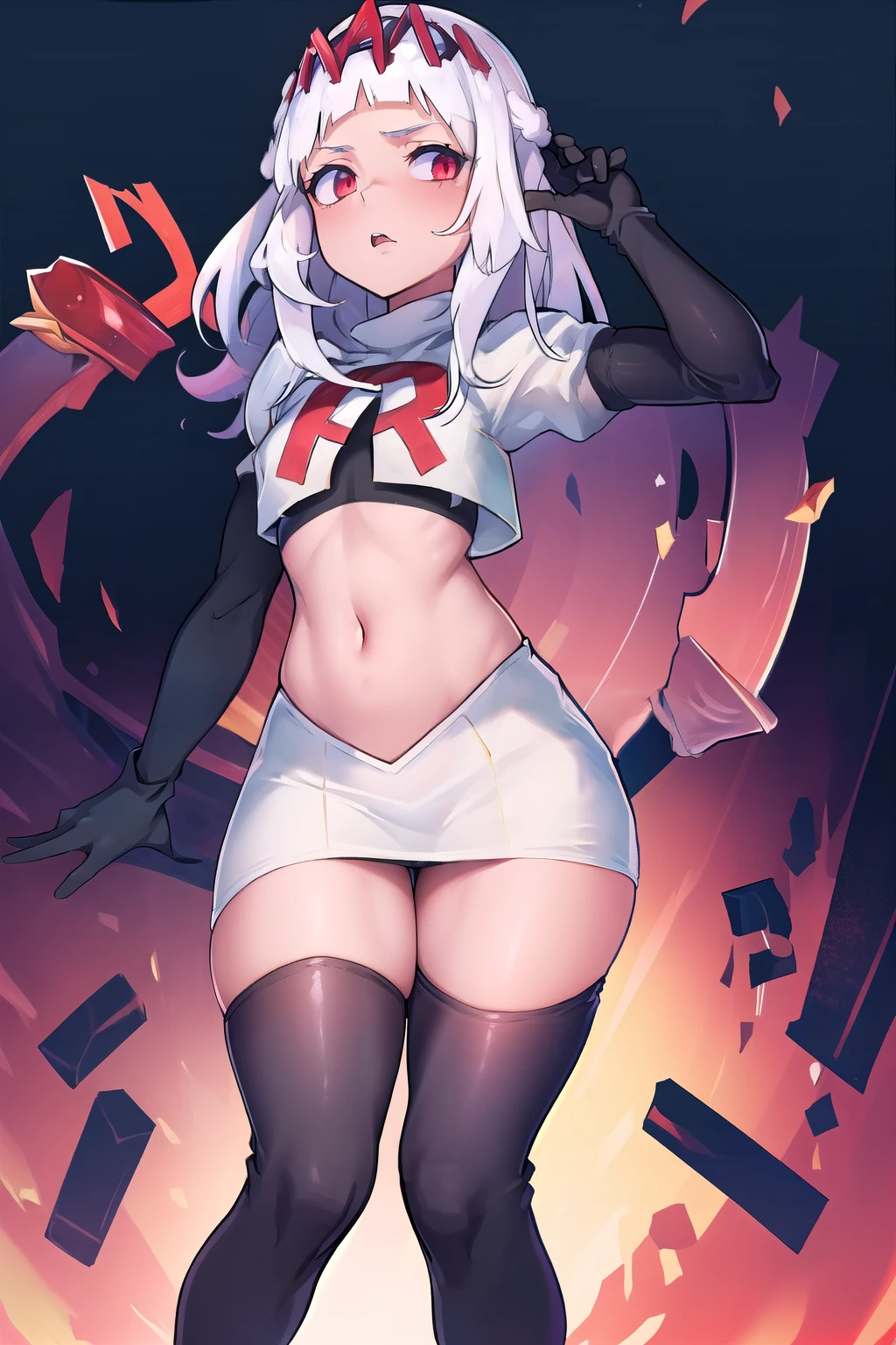 absurdres, 1girl, small breast, white hair, team rocket,team rocket uniform, red letter R, white skirt,white crop top,black thigh-highs,black elbow gloves
 