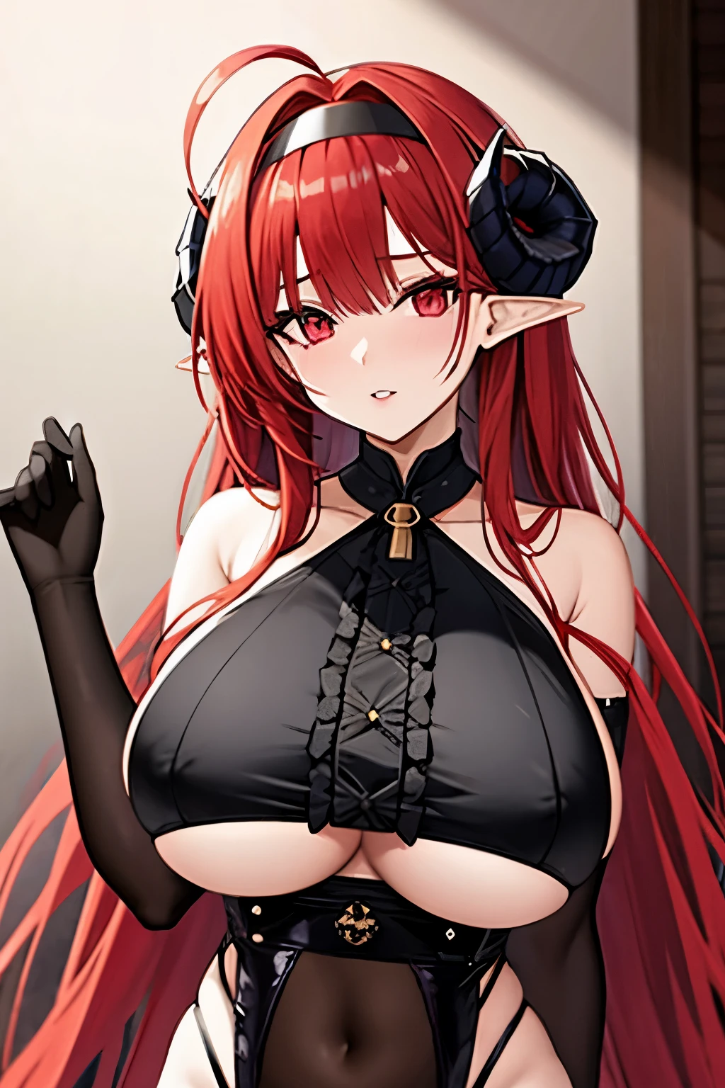 1girl, pointy ears, horns, solo, red hair, long hair, red eyes, bare shoulders, looking at viewer, huge , gloves, elbow gloves, ahoge, hairband, black gloves, underboob, upper body, demon girl, hair intakes, very long hair, frills, slit pupils, parted lips,(shiny skin),(mature :1.2),hindenburg \(azur lane\),
