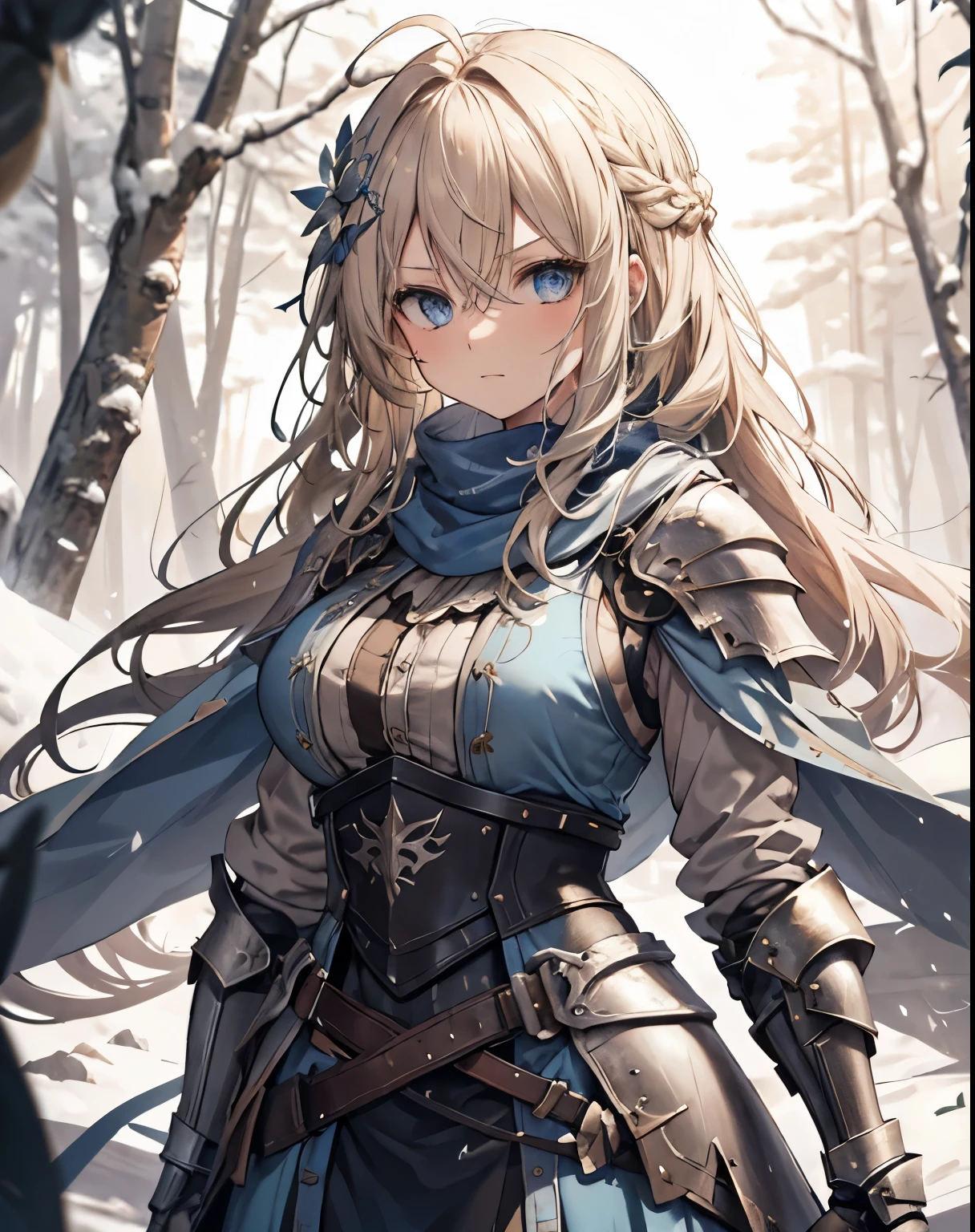 masterpiece, 1girl, sparrow, a blonde haired girl, wearing a blue medieval armored knight, curly long hair, messy hair, slim body, wearing knight clothes, he close her left eye, shirt ornament, angry expression, blue eyes, stand at snowy forest, ahoge, grey vest, baby face, shawl, big breast, beautiful breasts, rounded breasts, braid hair