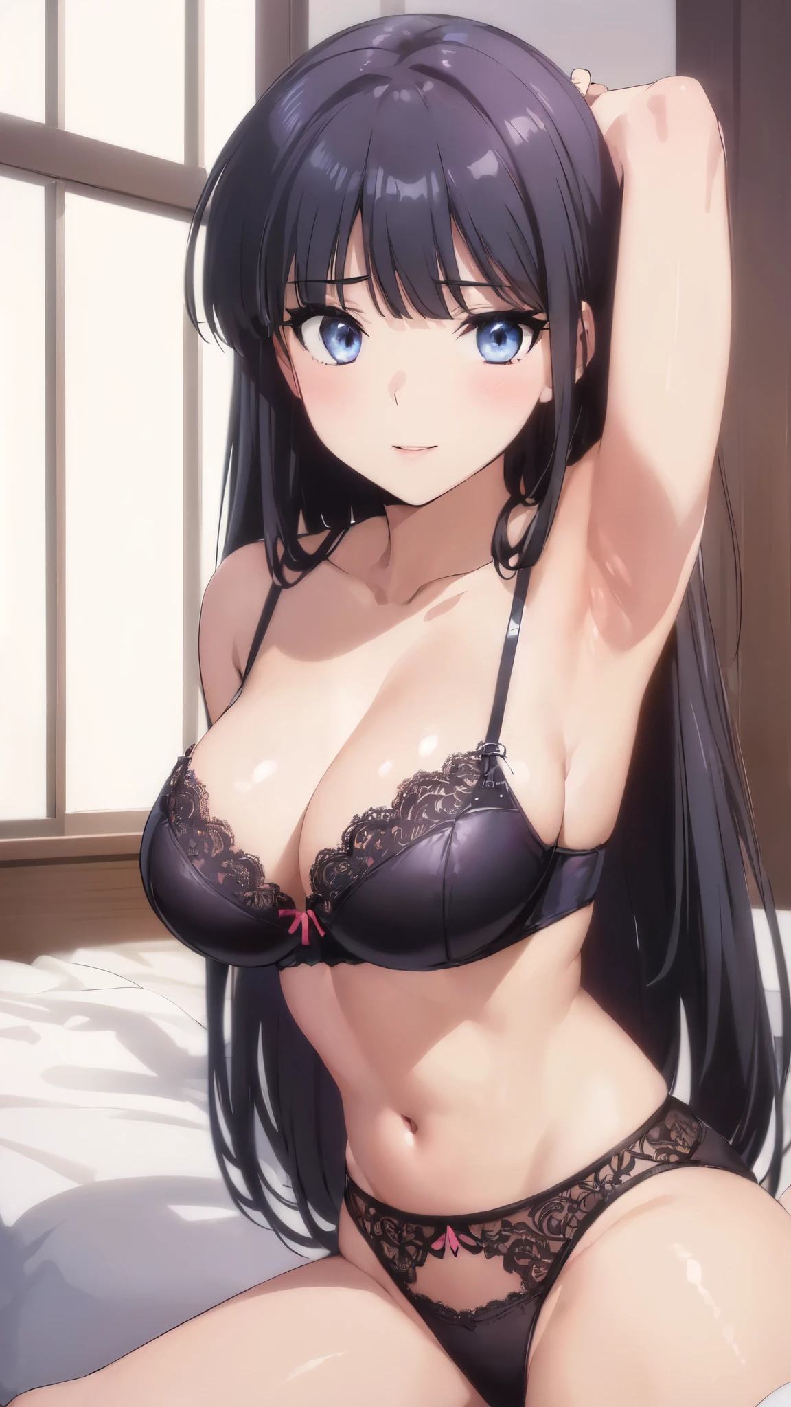(masterpiece:1.3),anime character,(view from below:1.2),(bright room:1.1),perfect female body,鮮やかなcolor,perfect lighting,(light from the front,light shines on your face:1.1),(very accurate details,ultra high resolution,Highly detailed CG Unity 8K wallpaper:1.3),(realistic,Photoreal,超realistic:1.3),(curve,model,Glamour:1.3),beautiful breasts,color_aberration,beautiful detailed shadows,beautiful eyes,beautiful body,beautiful skin,beautiful hands,(26 years old:1.2),(arms behind head:1.1),(slender waist:1.2),(aesthetic anime eyes:1.2),(large breasts:1.3)shiny hair,(black haired:1.3),(long straight hair:1.3)、(smile,blush:1.2),(white hair ornament:1.3),(黄colorの髪留め:1.3),girl sitting,(Exquisite fabric,black bra,highly detailed bra,Rajibra,Ren Hao,lace trim bra,lace trim legwear:1.4),(black underwear:1.4),big breasts,Bedroom,on the bed,sit on top、put your hands behind your head,beautiful breasts,(white hair ornament:1.2),(黄colorの髪留め:1.3),blue eyes,(mouth is slightly open:1.0),(lips:1.4),(black underwear:1.4),(spread your legs:1.2),