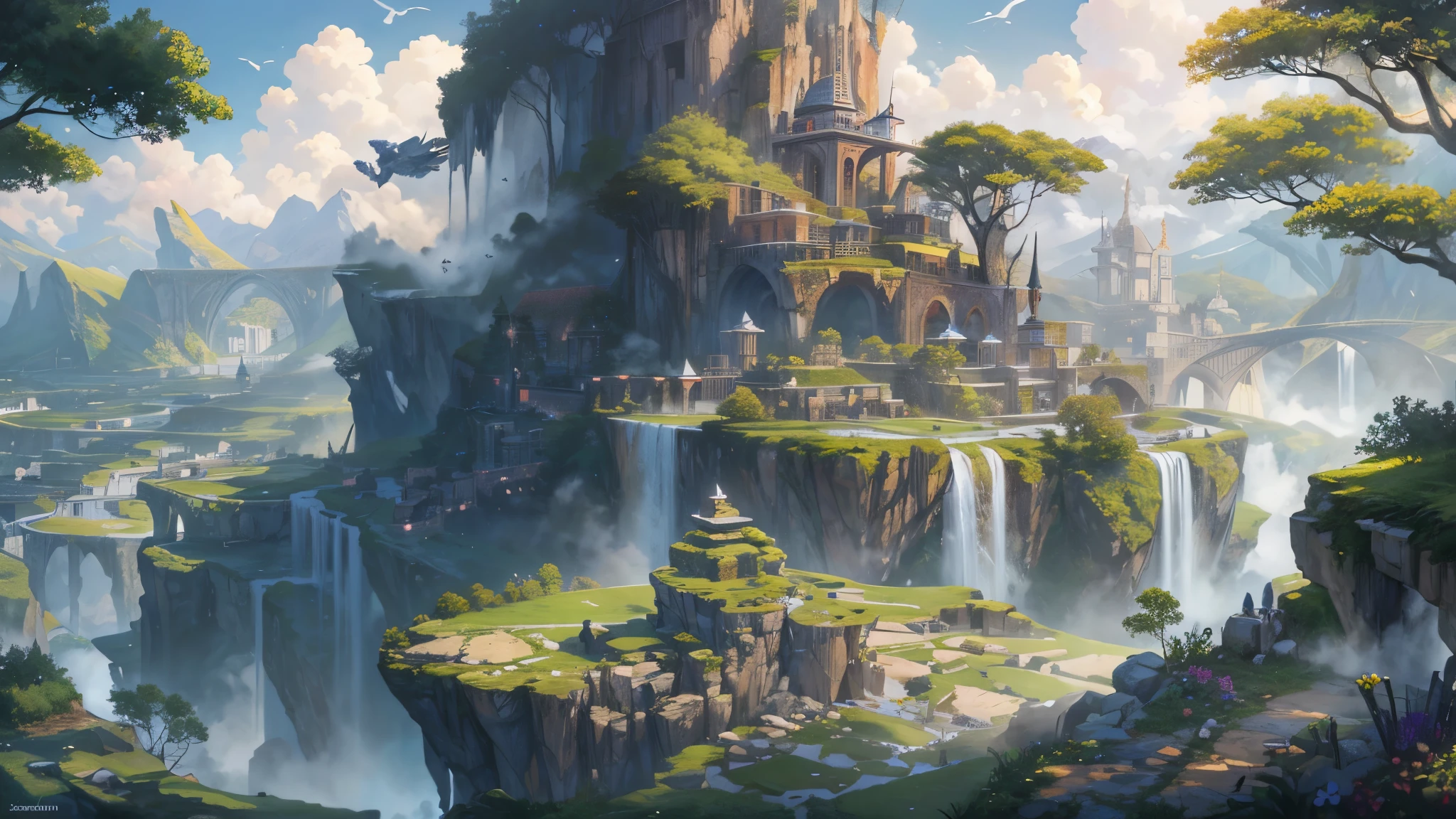 ((highest quality)),(ultra high resolution),(Super detailed),(detailed description),((best CG)),(best work of art),super precision art,amazing drawing art,(Fantasy art with precise details:1.5), A paradise where a wide variety of flowers bloom,distant mountain々praises the deep green,birds chirping,
