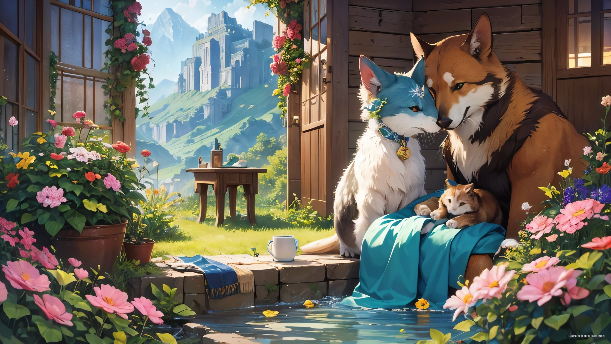 ((highest quality)),(ultra high resolution),(Super detailed),(detailed description),((best CG)),(best work of art),super precision art,amazing drawing art,(Fantasy art with precise details:1.5), A paradise where a wide variety of flowers bloom,distant mountain々praises the deep green,birds chirping,Animals cuddling