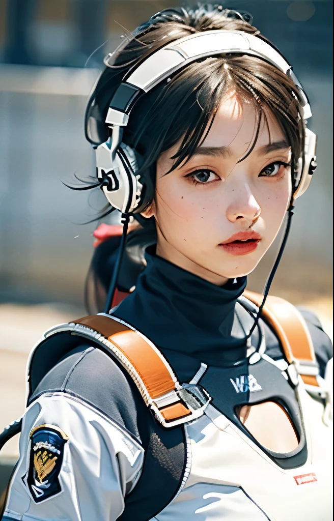 Highest image quality, Excellent details, ultra high resolution, (realism: 1.4), ((close up:0.75)), Best Illustration, Offer details, Highly concentrated 1lady, Have a beautiful and delicate face, Perfect proportion, (chubby:0.3, small breasts), (Putting on a racing suit is like, Black and gray mecha, Wearing high-tech headphones, military harness, With a rifle), team leader, Background simple gray wall,