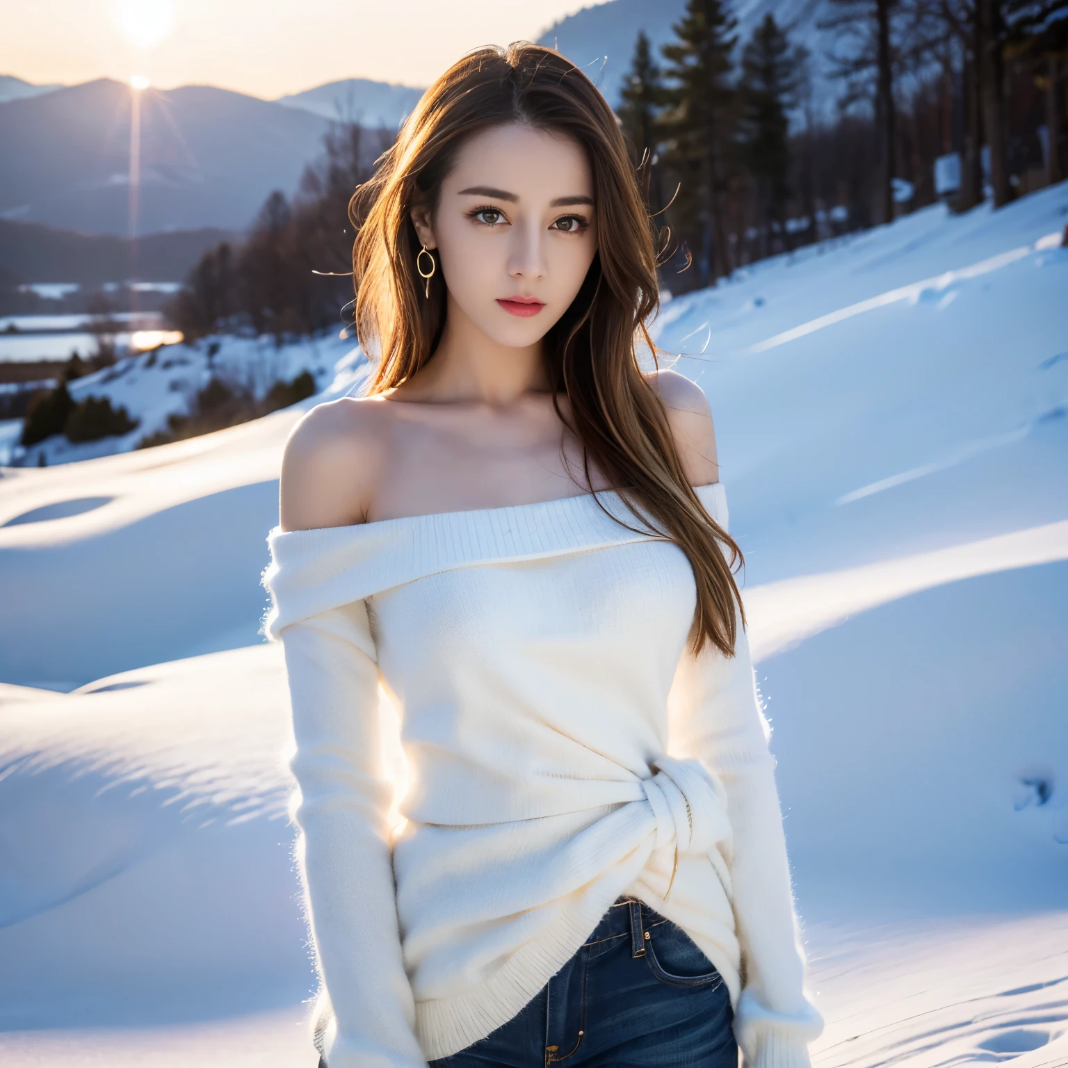 ((top quality、8k、Masterpiece:1.3))、Extremely delicate and beautiful girl,full-body shot,huge breasts,bigger breasts,amazing breast size,G cup。Wear big earrings,Very white skin,moist red lips,Waist is very thin,Thighs are very thin,big butt,fair and smooth skin,Smooth and fair skin,flawless skin,Fair and shiny skin,cold white skin,The camera focuses on the chest,Bright light,white sweater,Lower body exposed,bare shoulders,light blonde hair,The hair is light blonde,Snow covers the ground,snow mountain,sunset,lake