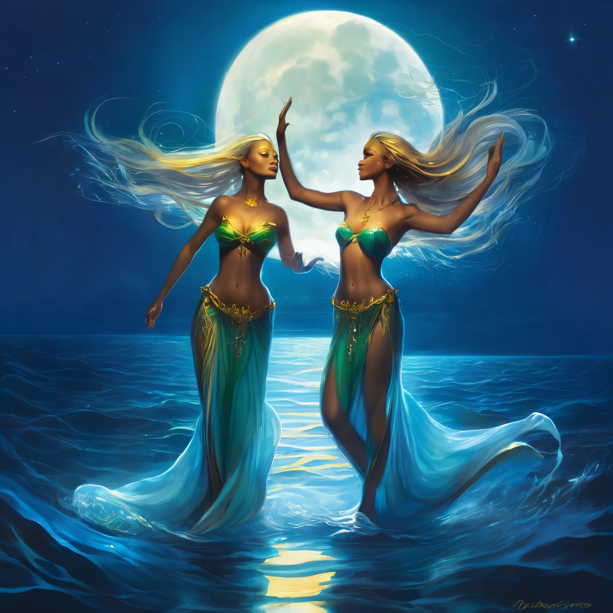 A pair of gorgeous, sinewy, sea elf women (age 30). sing and dace on the surface of the ocean u moonlight.