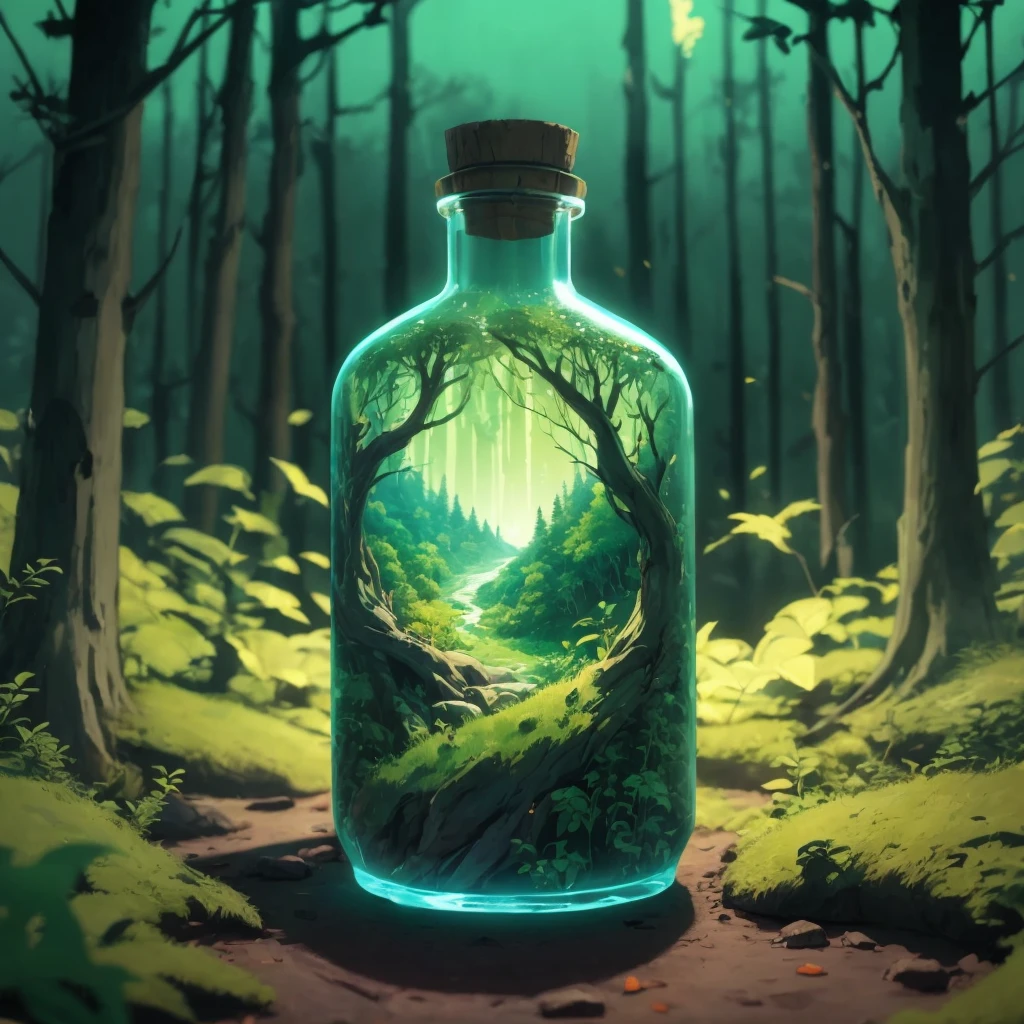 (Intricate forest mini-town landscape trapped in a bottle), Atmospheric Oliva Lighting, on the table, 4KUHD, dark atmosphere, Super detailed, Bright colors forest background, epic work, octane rendering, sharp focus, High resolution isometric