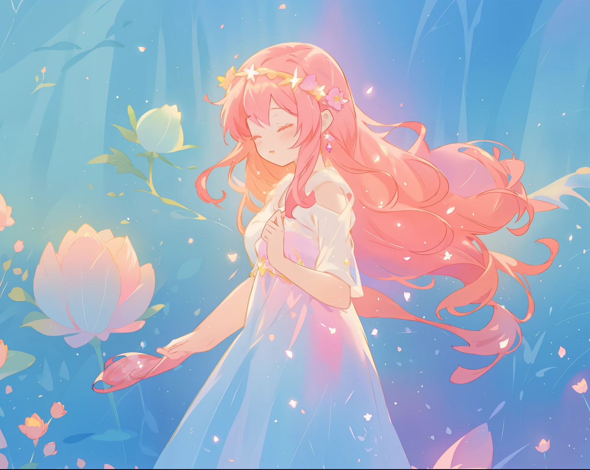 beautiful girl in sparkling flowing dress, long flowing pink hair, colorful fantasia background, watercolor illustration, disney art style, glowing aura around her, glowing lights, beautiful digital illustration, fantasia otherworldly landscape plants flowers, beautiful, masterpiece, best quality, anime disney style