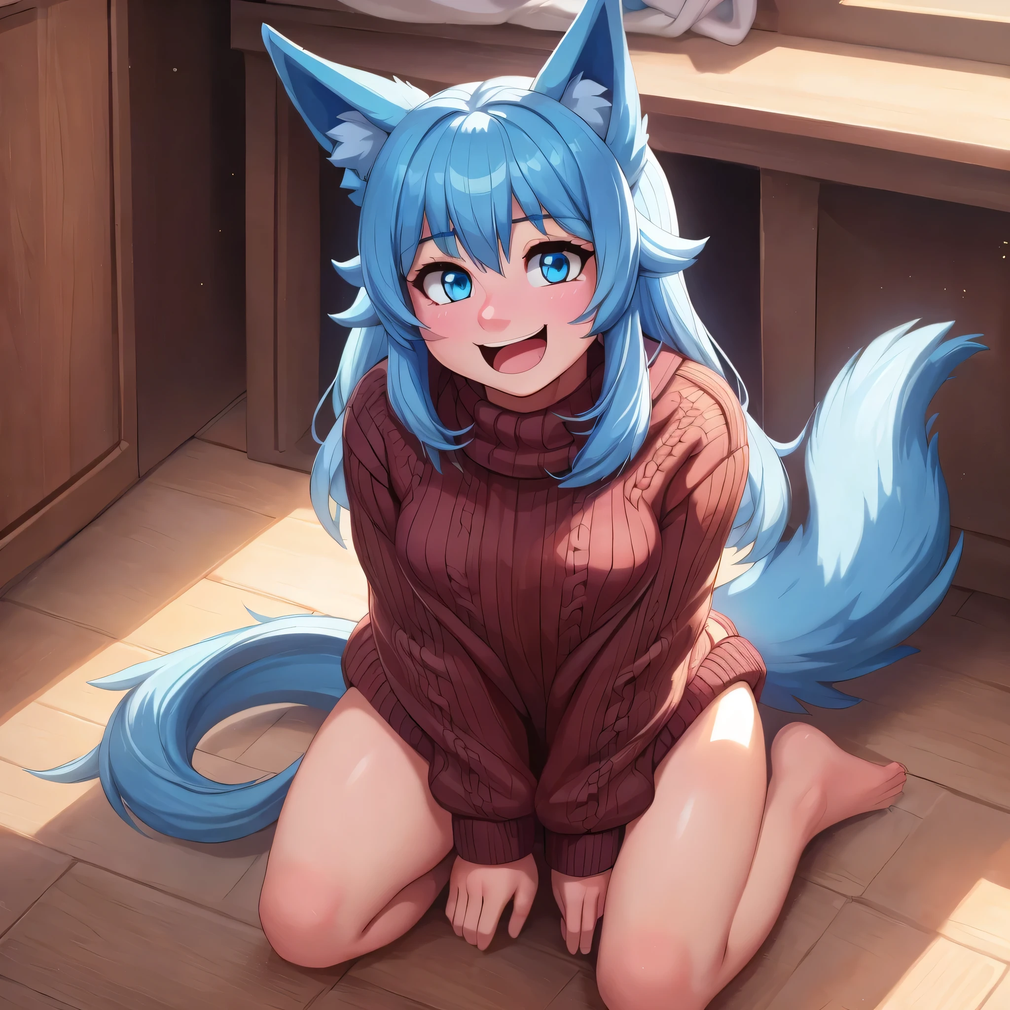 (Masterpiece) (High Detail) (High Res) A close up of a Short Humanoid Girl with pale human skin and blue eyes and long blue hair and blue dog ears and a fluffy blue dog tail and small breasts. She is kneeling the floor looking up at the viewer. She is wearing only an oversized woollen sweater and looks happy and excited.