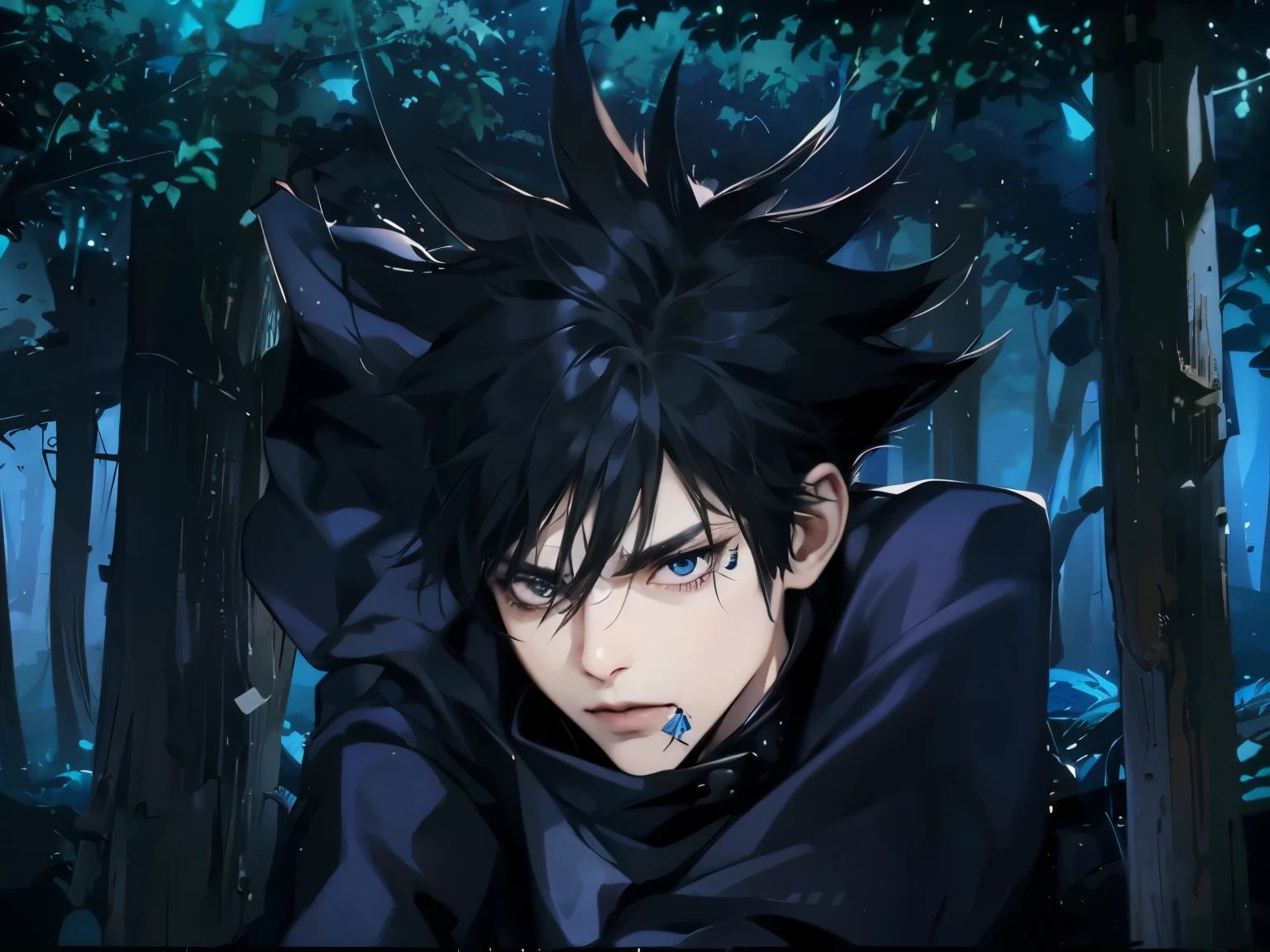 obito, scar in right side face, black short hair, with flying rock background, black gloves, lamdscape photo, naruto, anime