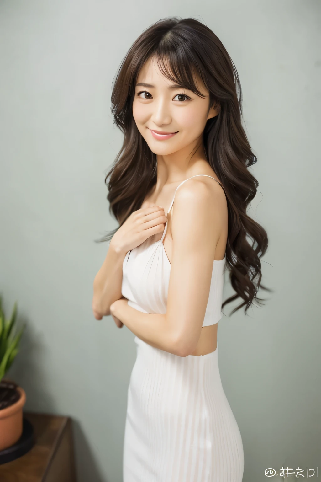 top-quality, 8K-Picture, Japanese lady in Perfect Style, small breasts, very thin waist, Slim abs, (:1.4), cute eyes, Double eyelids, long wavy hair, Very delicately drawn face, tight knit dress, (photogravure idols:1.4), Subtle smile or shyness,