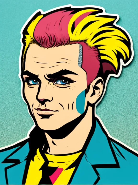 Sticker Wow pop art face. man  with  punk hair , Vector background in pop art retro comic dots style