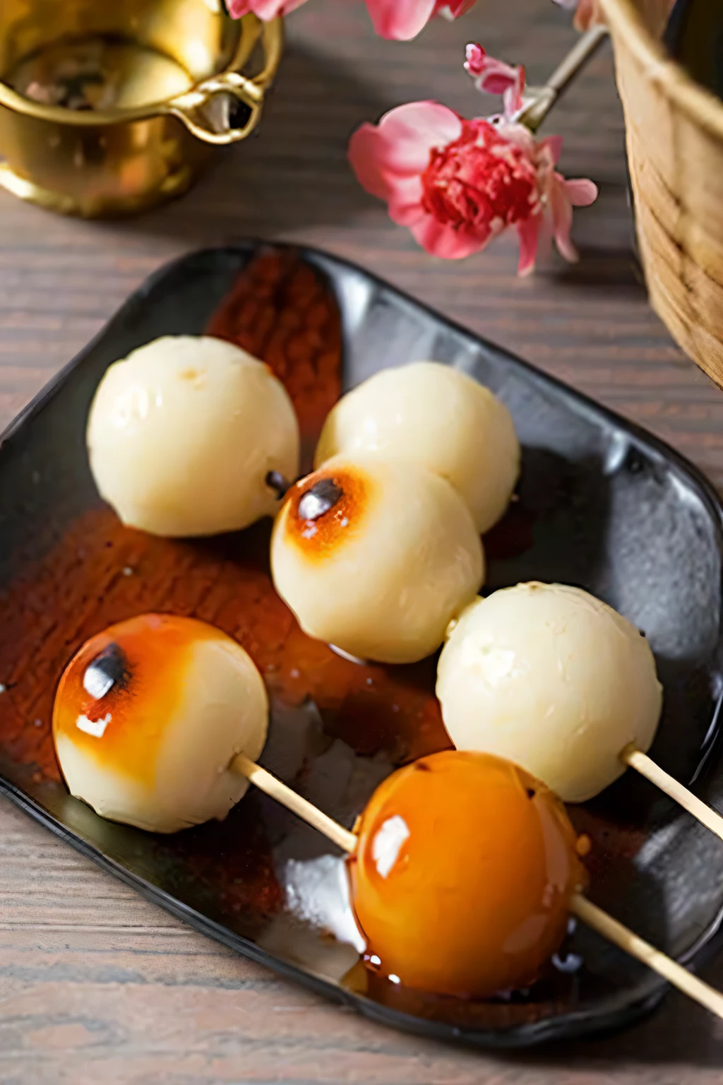 (masterpiece, highest quality:1.2), Japanese sweets with small spherical dumplings on skewers are placed on the table..。Finished product、Japanese tea next to the dining table、Close-up of dumplings