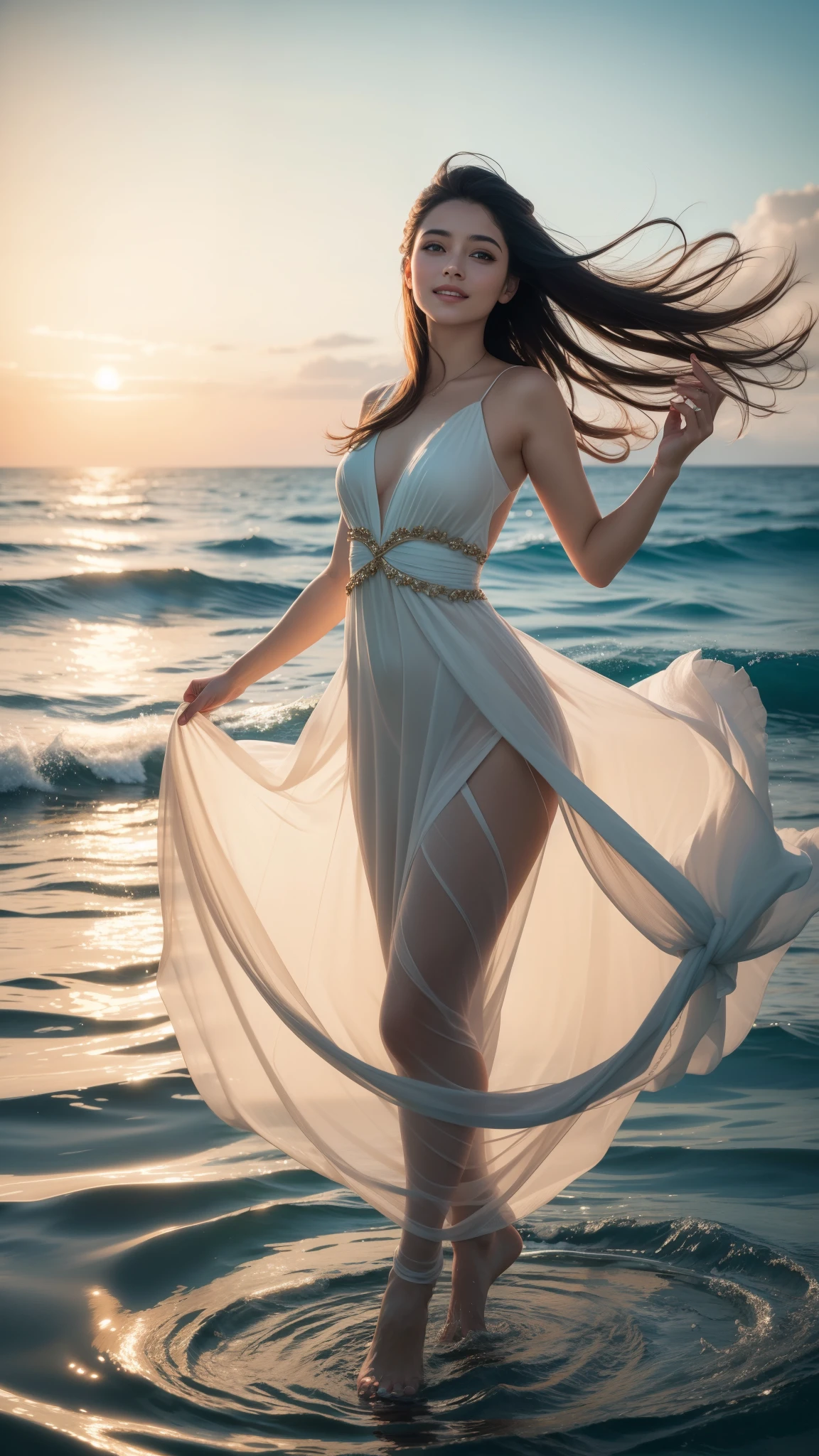 a beautiful young woman standing on a beach, surrounded by friendly animals, serene ocean waves in the background, detailed facial features, long flowing hair, elegant dress, sunlight glowing on her skin, photorealistic, cinematic lighting, vibrant colors, highly detailed, masterpiece
