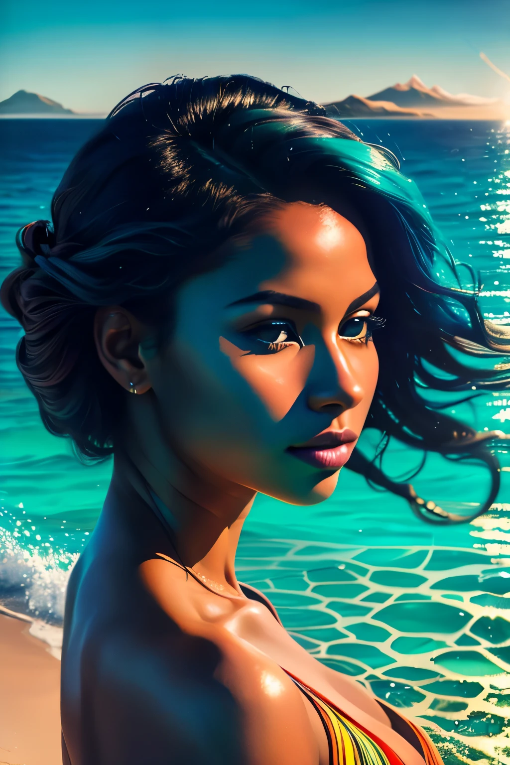 Immerse yourself in the captivating world of art, where the merge of two distinct styles creates a breathtaking visual masterpiece. In this harmonious fusion, we encounter the hyper-realistic image of a radiant black woman, gracefully swimming in the tranquil ocean. The second subject subtly presents an oil painting backdrop of the ocean, with its mesmerizing waves and vibrant hues. The seamless blend of these two contrasting elements comes to life through the combination of clean and sharp focus.

The colors of this art piece radiate in vivid brilliance, capturing the sun-kissed skin of the woman and the brilliant blues and greens of the ocean. The focus