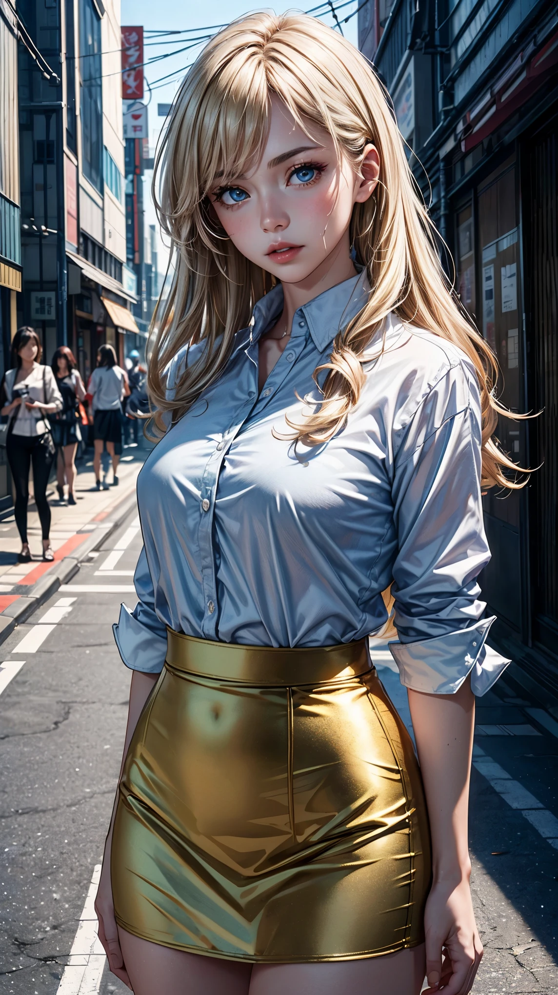 masterpiece, Best quality, 8K, Photo reality, realistic, octane rendering, Bustling urban streets of Japan (1 woman: 1.4), (Only one woman on screen: 1.3), (White shirt), (Long golden hair ), (Hip-wrapped skirt), (Blue Eyes) Upper body display