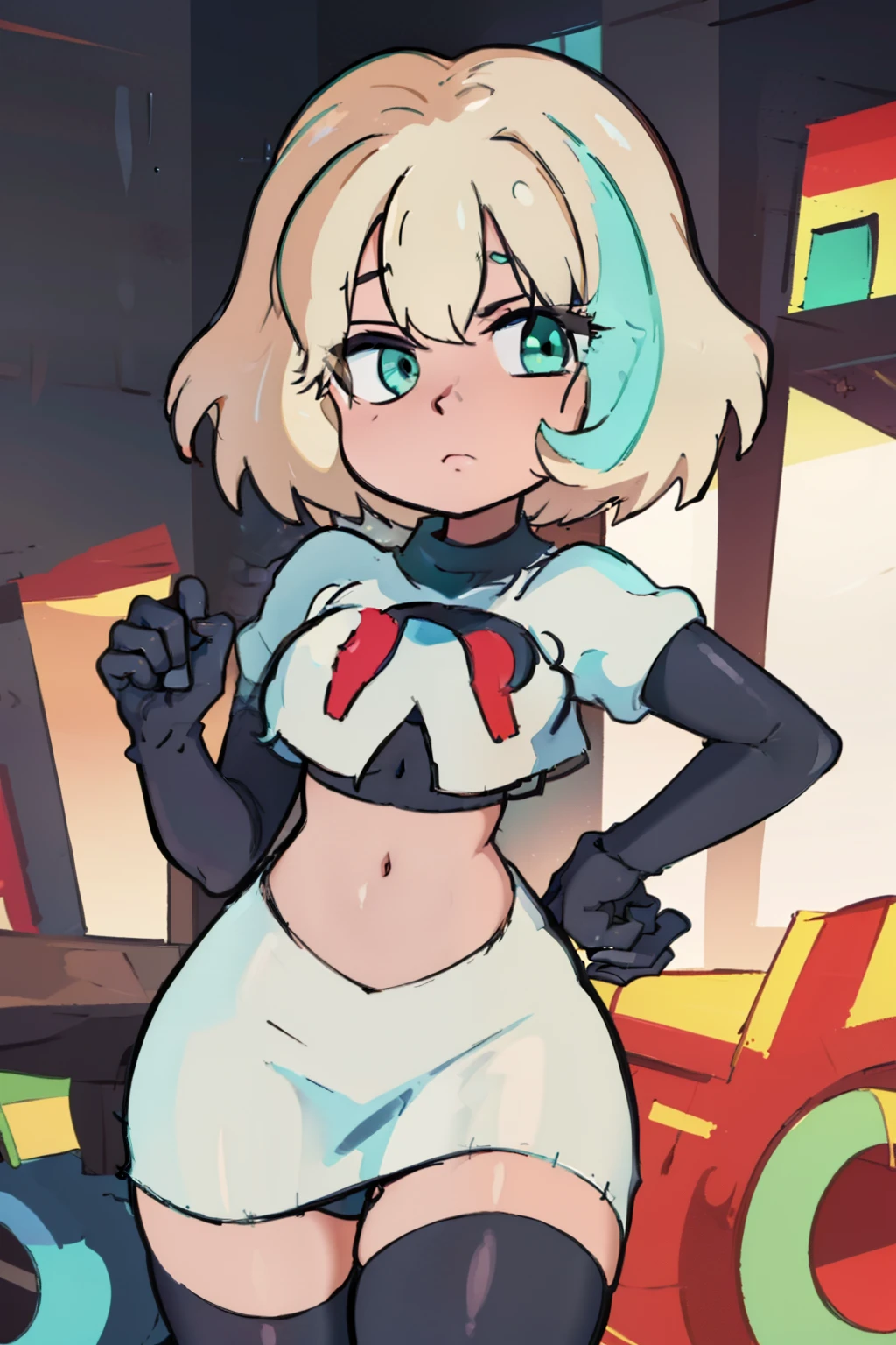 (masterpiece, best quality, high resolution:1.4), 1girl, jackie lynn thomas,aqua eyes, blonde hair, short hair, looking at viewer, team rocket,team rocket uniform,white skirt,red letter R,crop top,black thigh-highs,black elbow gloves,