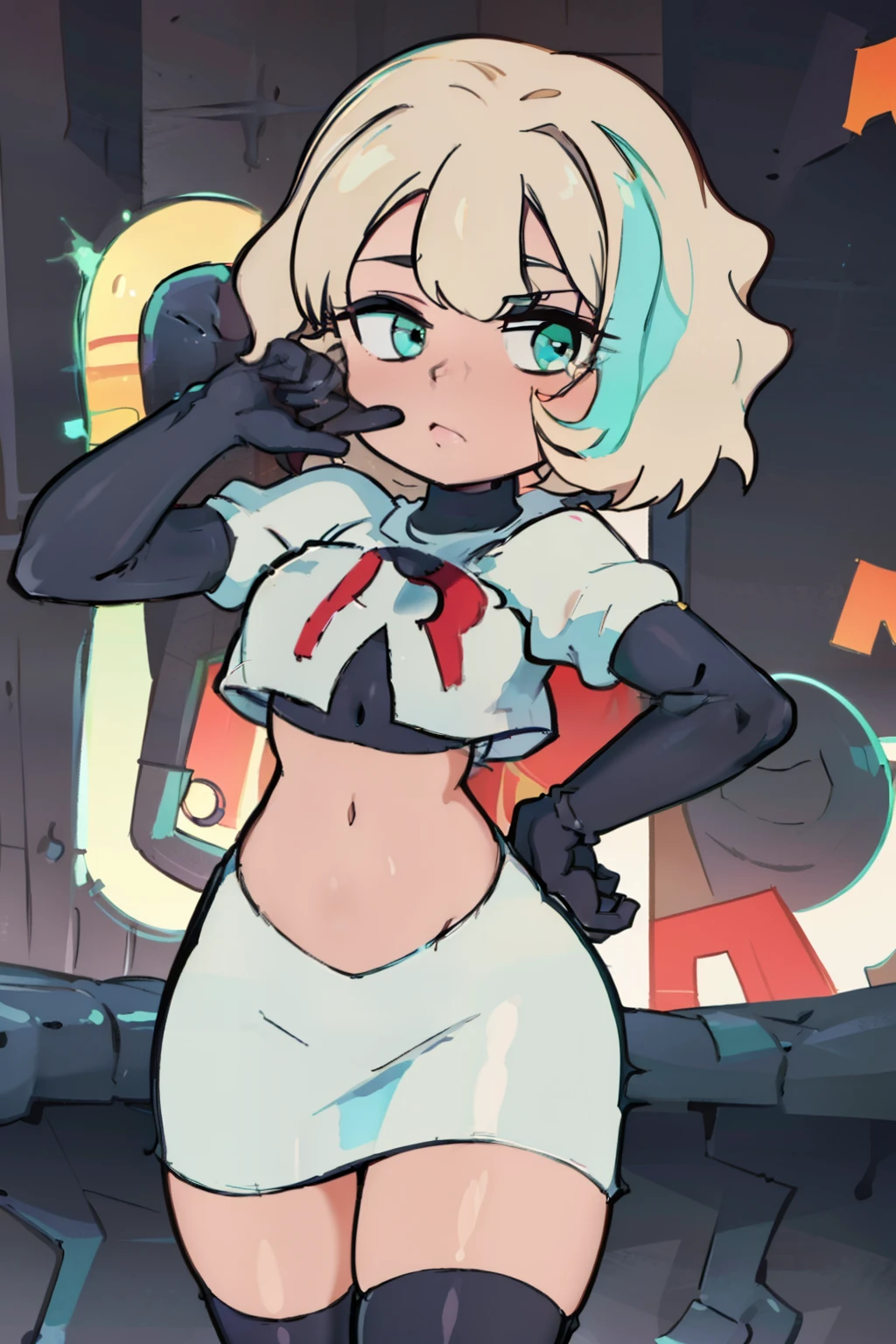 (masterpiece, best quality, high resolution:1.4), 1girl, jackie lynn thomas,aqua eyes, blonde hair, short hair, looking at viewer, team rocket,team rocket uniform,white skirt,red letter R,crop top,black thigh-highs,black elbow gloves,