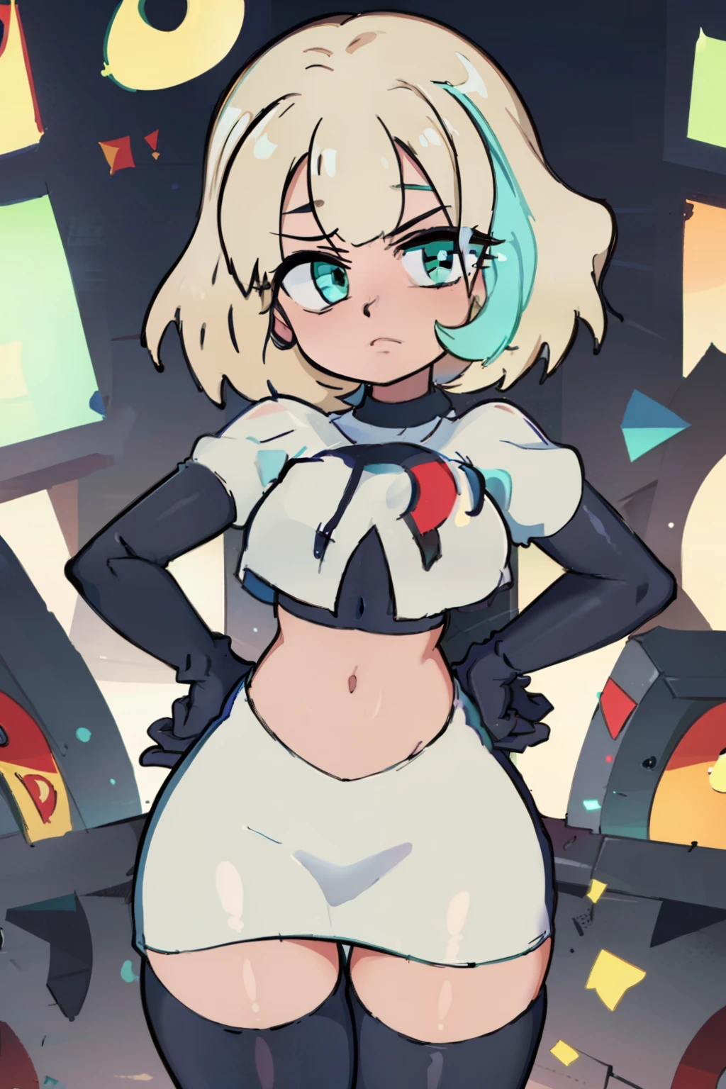 (masterpiece, best quality, high resolution:1.4), 1girl, jackie lynn thomas,aqua eyes, blonde hair, short hair, looking at viewer, team rocket,team rocket uniform,white skirt,red letter R,crop top,black thigh-highs,black elbow gloves,