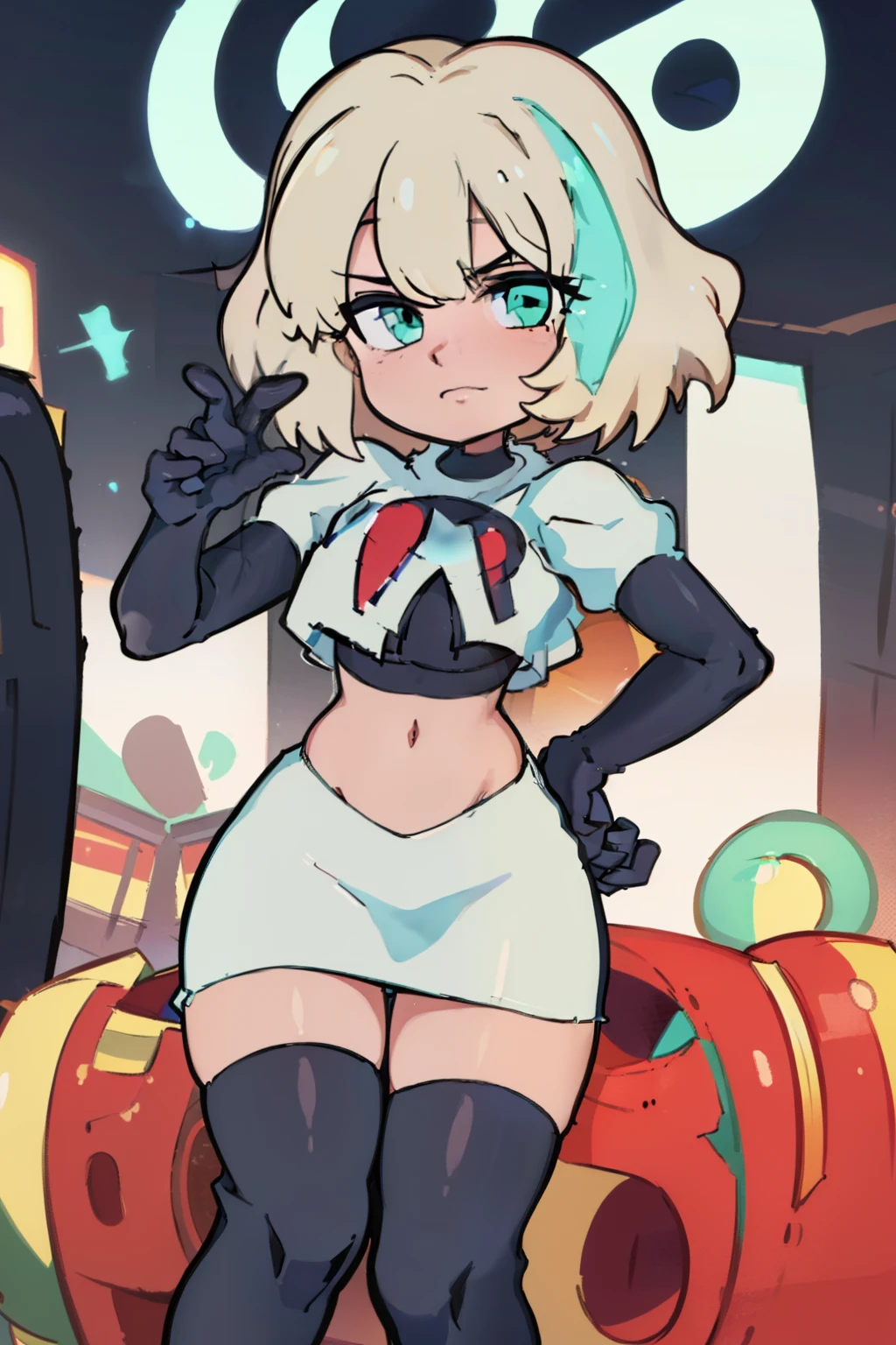 (masterpiece, best quality, high resolution:1.4), 1girl, jackie lynn thomas,aqua eyes, blonde hair, short hair, looking at viewer, team rocket,team rocket uniform,white skirt,red letter R,crop top,black thigh-highs,black elbow gloves,