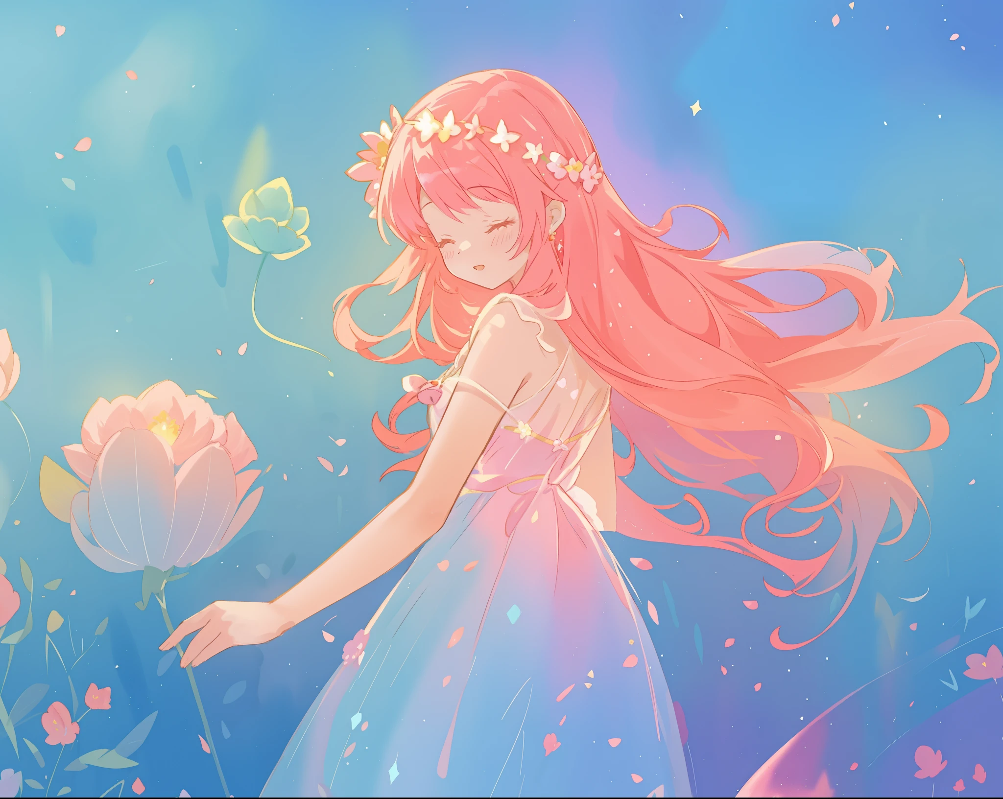 beautiful girl in sparkling flowing dress, long flowing pink hair, colorful fantasia background, watercolor illustration, disney art style, glowing aura around her, glowing lights, beautiful digital illustration, fantasia otherworldly landscape plants flowers, beautiful, masterpiece, best quality, anime disney style
