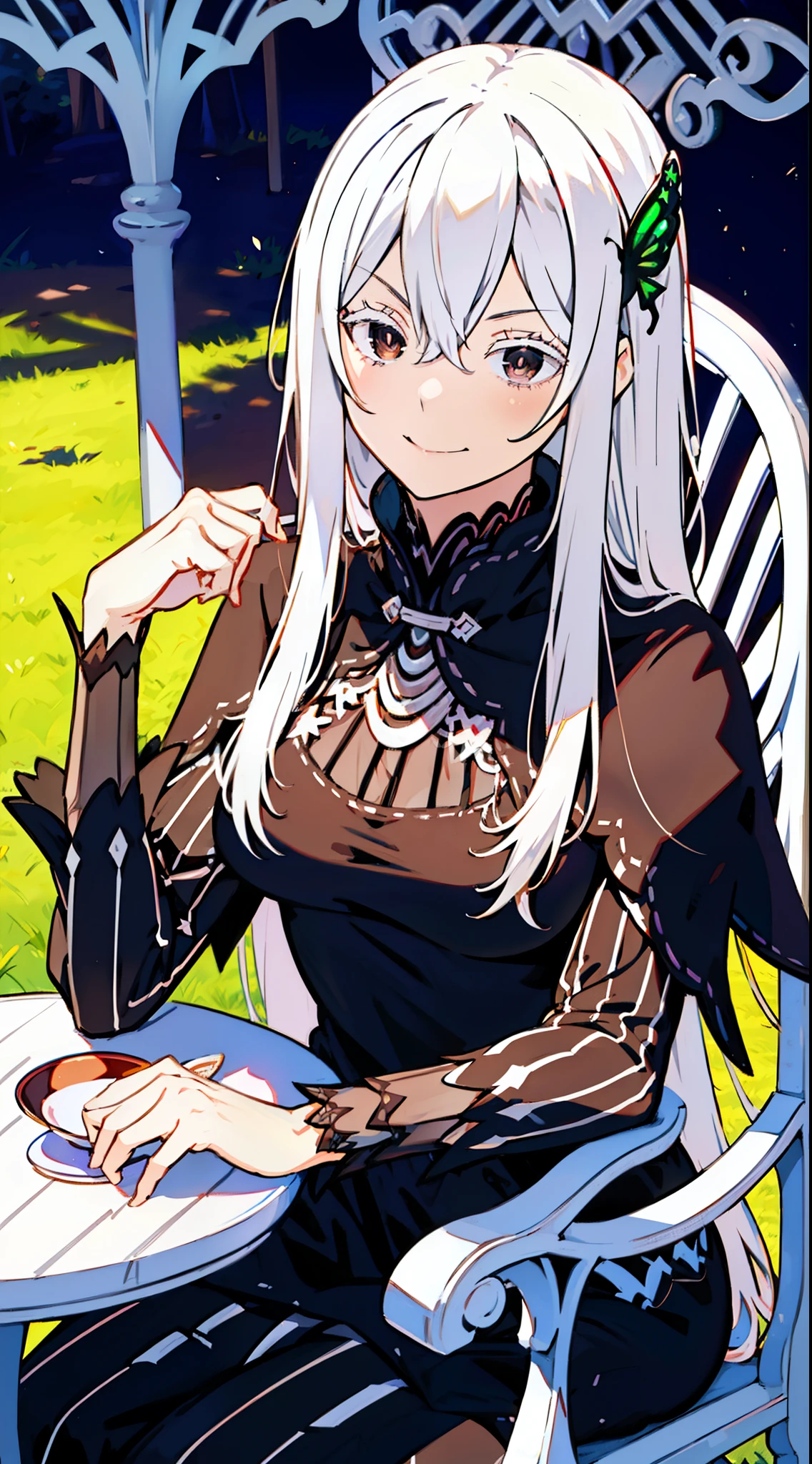 confused, High resolution, Super detailed, echidna, brown eyes, medium breasts, butterfly hair ornament, (colored eyelashes:1.1), capelet, black dress, long sleeve, looking at the viewer, evil smile,shine、in the meadow、white table、sit in a chair、Holding a teacup、