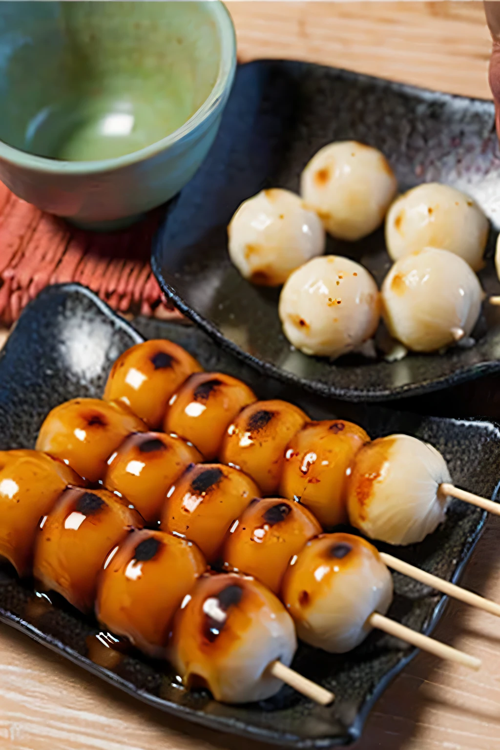(masterpiece, highest quality:1.2), 4 small spherical dumplings、Japanese sweets on long skewers are placed on the table.。.。Finished product、Japanese tea next to the dining table、Close-up of dumplings