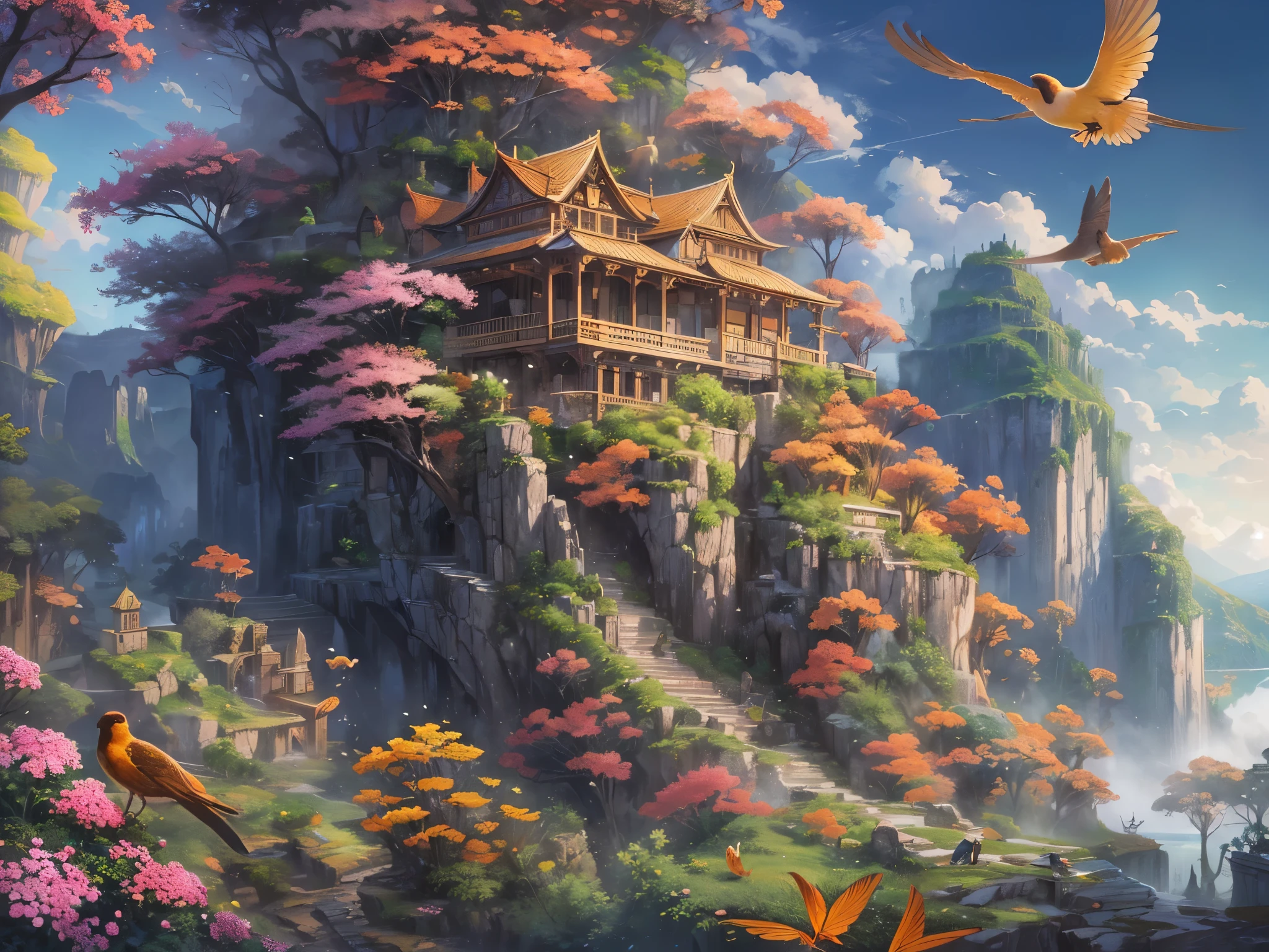 ((highest quality)),(ultra high resolution),(Super detailed),(detailed description),((best CG)),(best work of art),super precision art,amazing drawing art,(Fantasy art with precise details:1.5), A paradise where a wide variety of flowers bloom,distant mountain々praises the deep green,birds chirping,Animals cuddling