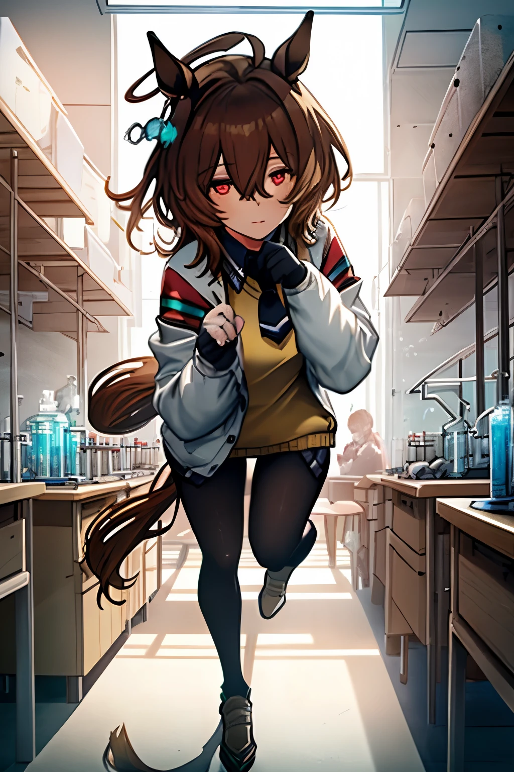 (masterpiece:1.2、top-quality)、(Beautiful Eyes of Details:1.2)、(the Extremely Detailed CG Unity 8K Wallpapers、masterpiece、top-quality、ultra-detailliert、Best Shadows)、(Detailed background)、(beautifull detailed face、beatiful detailed eyes)、highly contrast、(The best lighting、extremely delicate and beautiful)、1girl in、dynamic ungle、dynamicposes:1.4、full body Esbian、Agnes-Tachyon\(Umamusume\)、solo、hunk_Eyeanteau blanc、Black pantyhose、((sleeves past fingers))、Yellow sweater、Black tie、Horse Girl、Horse's tail、brown haired、red eyes、sleeves past wrists、The background is the science room、lab room、flask、Glass Tube