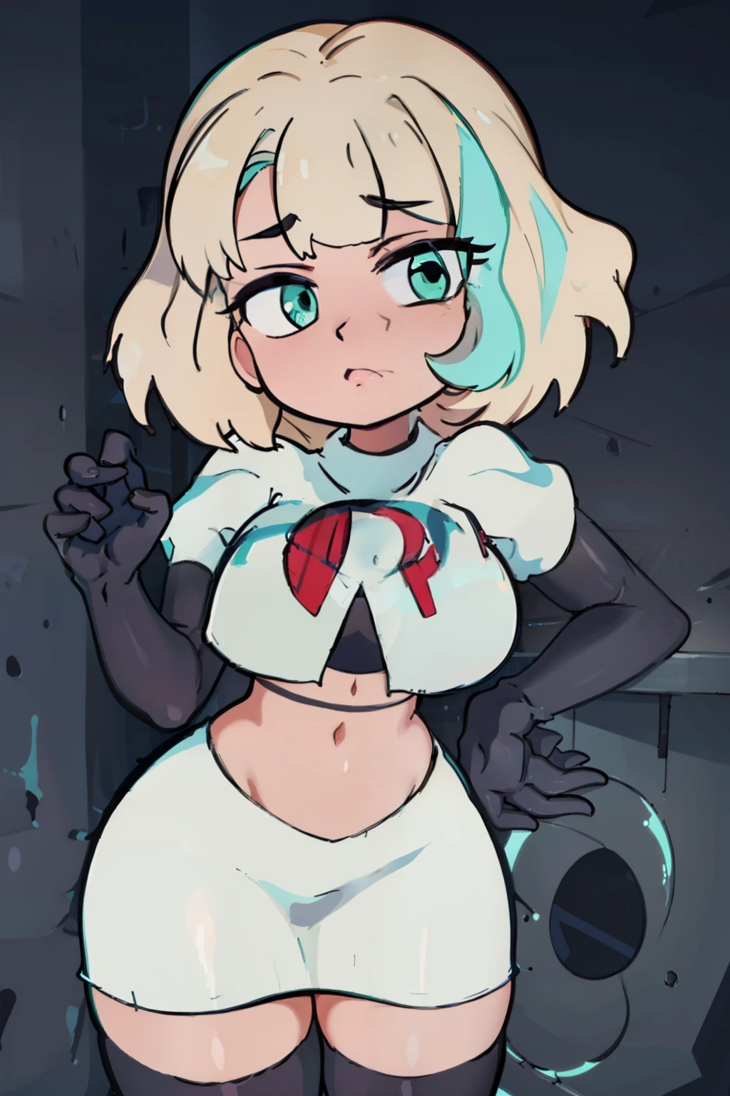 (masterpiece, best quality, high resolution:1.4), 1girl, jackie lynn thomas,aqua eyes, blonde hair, short hair, looking at viewer, team rocket,team rocket uniform,white skirt,red letter R,crop top,black thigh-highs,black elbow gloves,