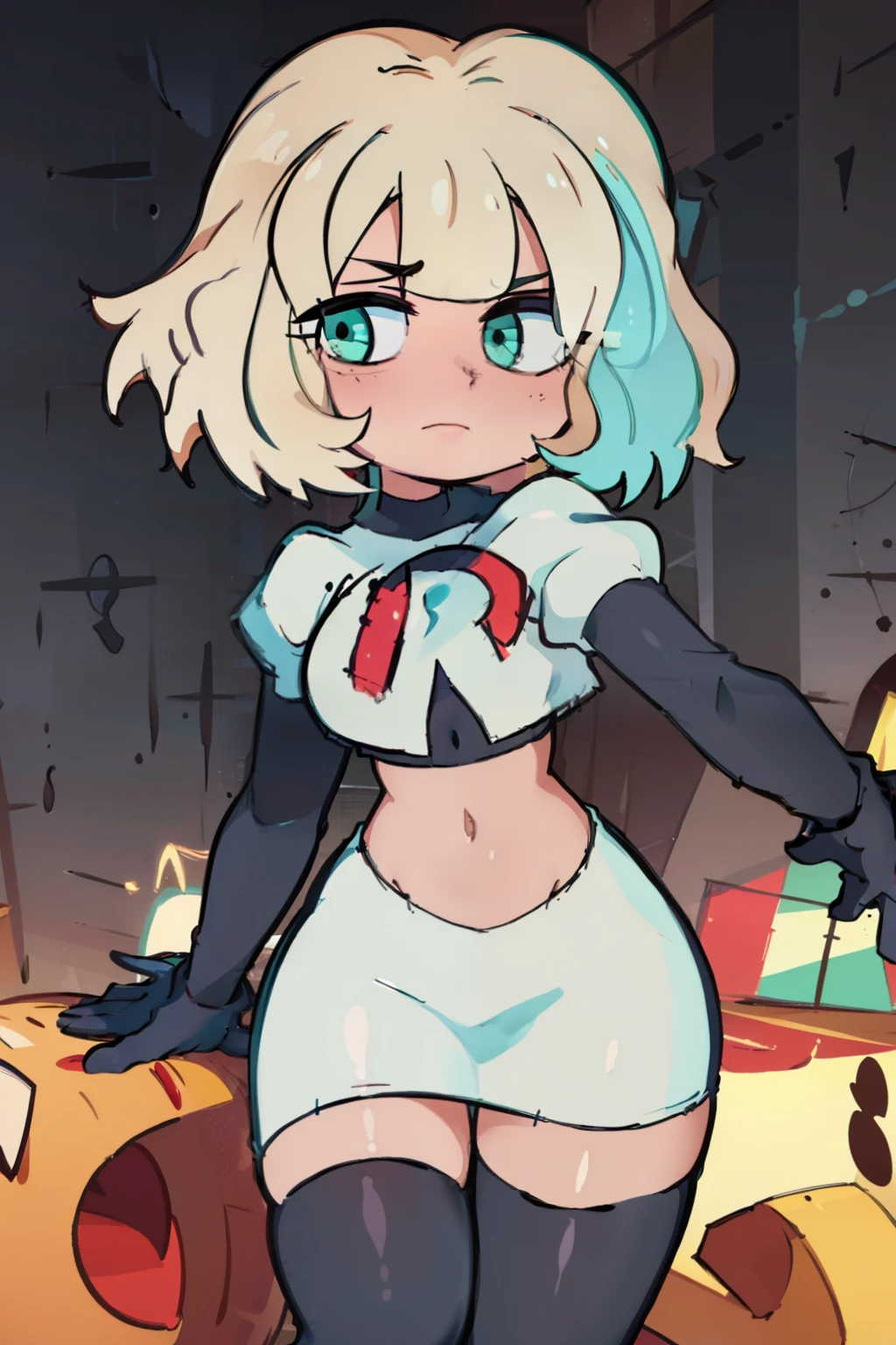 (masterpiece, best quality, high resolution:1.4), 1girl, jackie lynn thomas,aqua eyes, blonde hair, short hair, looking at viewer, team rocket,team rocket uniform,white skirt,red letter R,crop top,black thigh-highs,black elbow gloves,