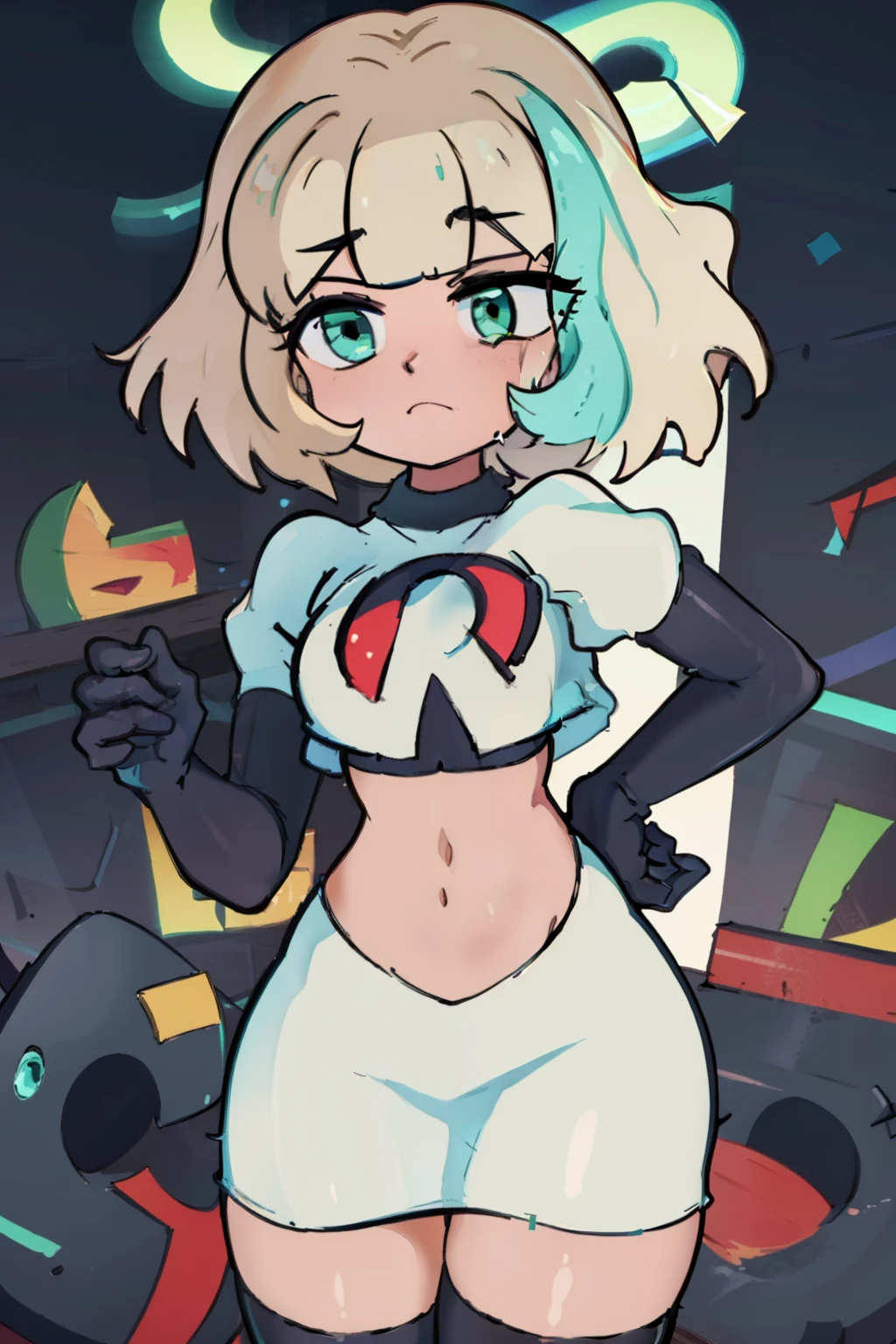 (masterpiece, best quality, high resolution:1.4), 1girl, jackie lynn thomas,aqua eyes, blonde hair, short hair, looking at viewer, team rocket,team rocket uniform,white skirt,red letter R,crop top,black thigh-highs,black elbow gloves,