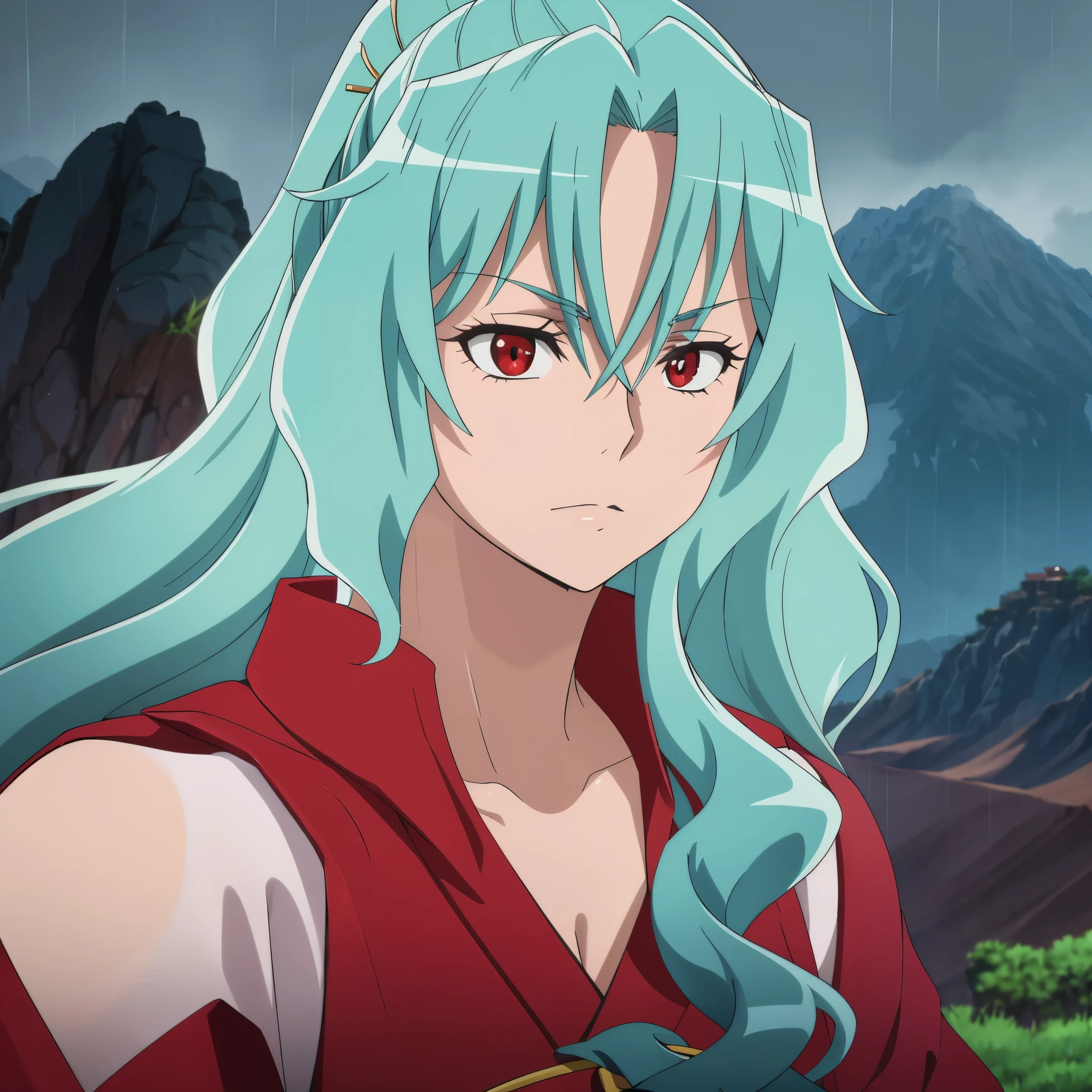 a woman wearing a samurai kimono,
 long turquoise hair, red eyes, on a Japanese-style mountain, with the place raining