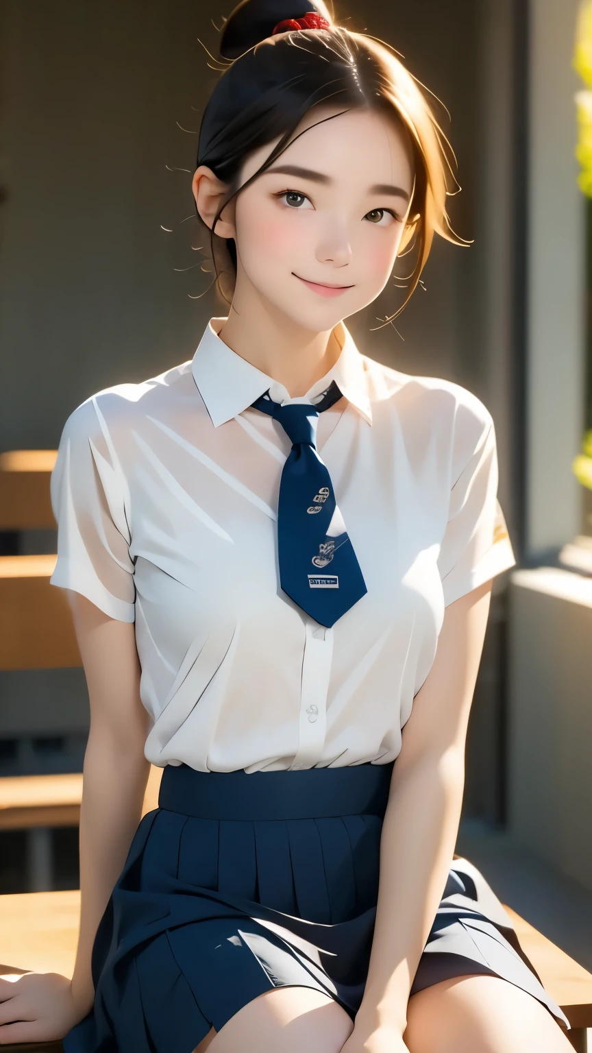 (table top, highest quality:1.2), 8K, 18-year-old, 85mm, official art, Raw photo, absurd, white dress shirt, cute face, close, Upper body, viola lace, gardenia, beautiful girl, , (navy pleated skirt:1.1), Cinch West, thighs, short sleeve, classroom, ponytail、short hair、short hair、sit on a bench seat, looking at the viewer, no makeup, (smile:0.4), film grain, chromatic aberration, sharp focus, face light, clear lighting, teen, detailed face, background bokeh, (dark red tie:1.1)、日本の学校のclassroom、classroom
