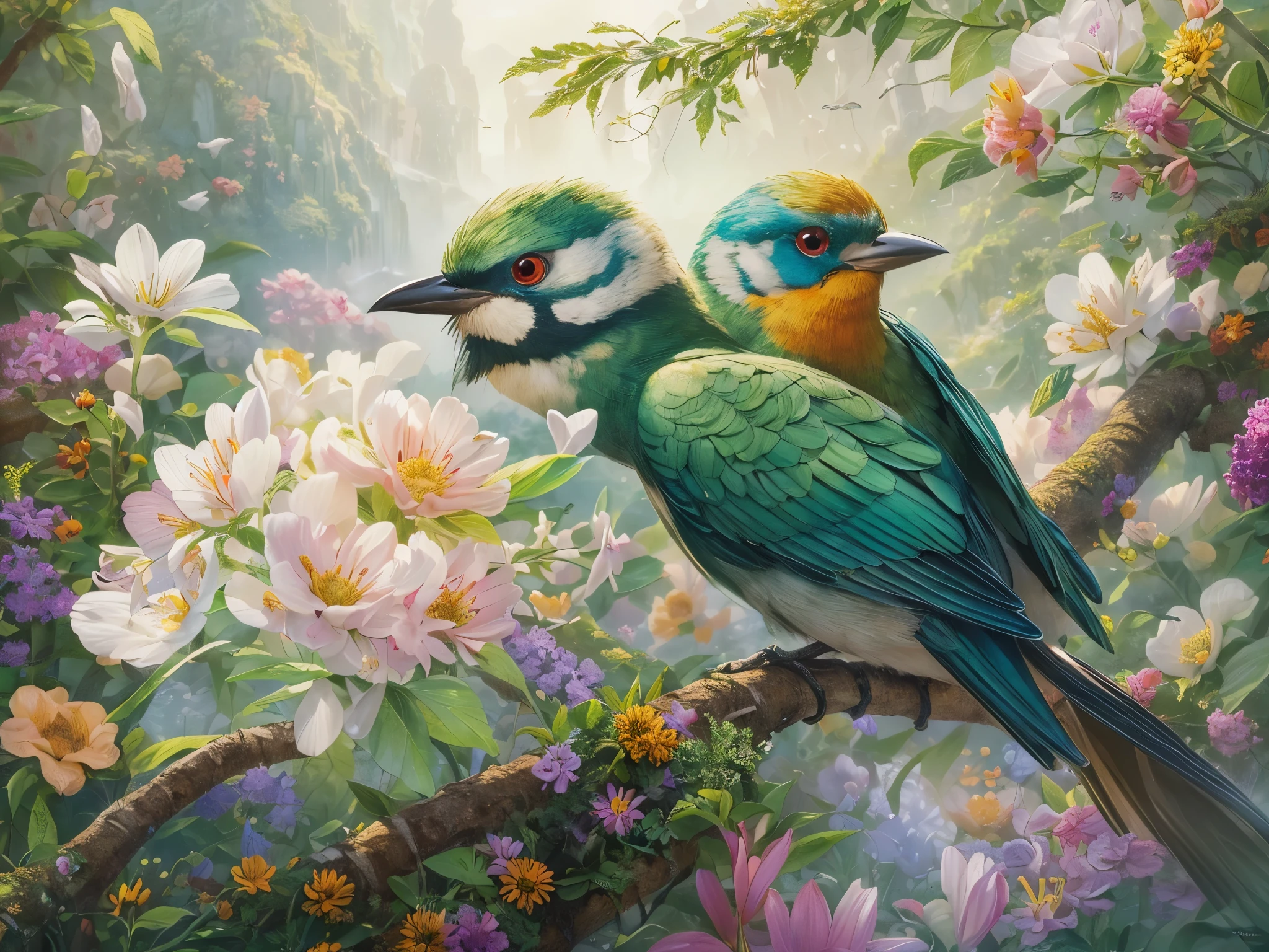 ((highest quality)),(ultra high resolution),(Super detailed),(detailed description),((best CG)),(best work of art),super precision art,amazing drawing art,(Fantasy art with precise details:1.5), A paradise where a wide variety of flowers bloom,distant mountain々praises the deep green,birds chirping,Animals cuddling