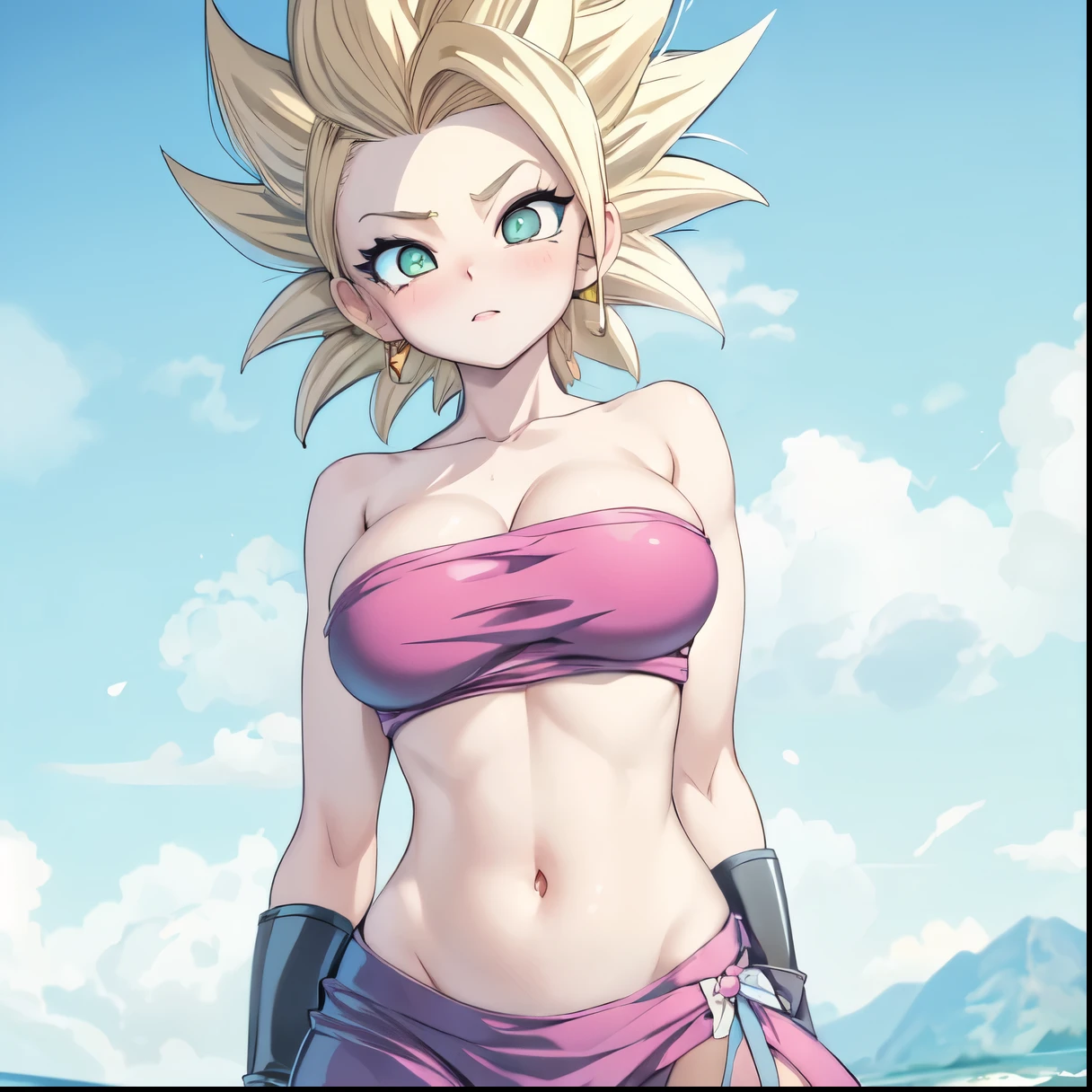 Obra maestra 4k, un primer plano de una persona en bikini ajustado en la playa, chica saiyajin OPPAI, goku femenino, ojos verde esmeralda, high quality anime art style, androide 18, fanart de alta calidad, personaje de anime femenino, personaje de estilo anime, pose rudo, lindosexyrobutts, estilo artgerm, yami kawaii, arte oficial, estilo artgerm, arte de personajes de anime, mujer anime, huge big breast, fat breast, perfect and sexy body, slim thick, big tits, tight tits, caulifla from dragon ball super, super saiyan, [detailed nipples] [nipples detailed] [detailed nipples] [Huge perfect shape breast] sexualided body, green eyes.