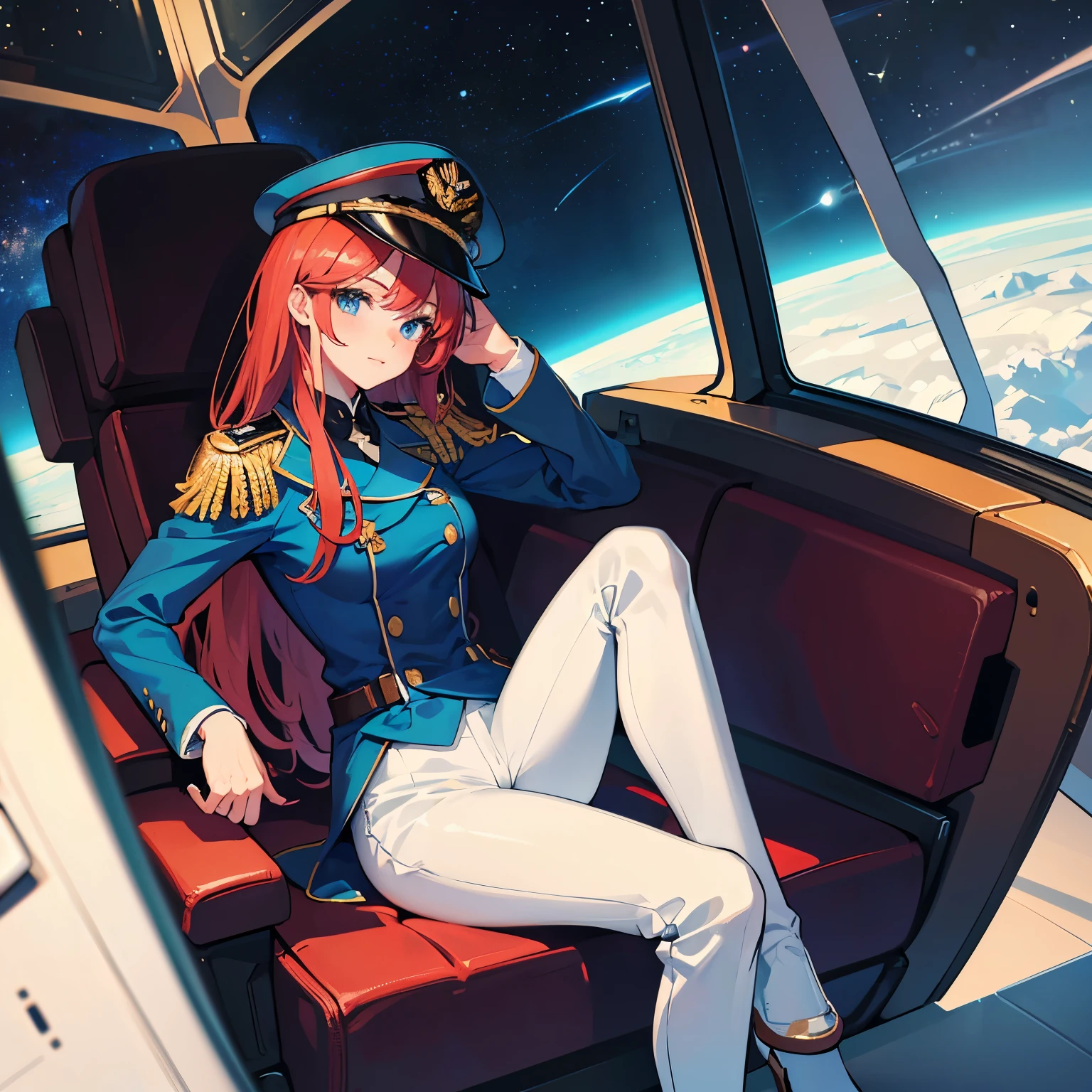 ((Masterpiece)), ((Highest Quality)), ((Best Quality)), (Illustration of One Girl), Full Body, 25 Years Old, Long Red Hair, (Thin Hair on Both Sides of the Face), Blue Eyes, (Tall)), ((Muscular Strong Body)), (Manspreading)), Open Legilitary Uniform)), (Military Hat)), ((Military Coat)), (White Clothes), (White Pants), (White Hat), Trench Coat, ((Inside the spaceship, sitting in the captain's seat)), (outside the window, space, Earth seen from space, spaceport)